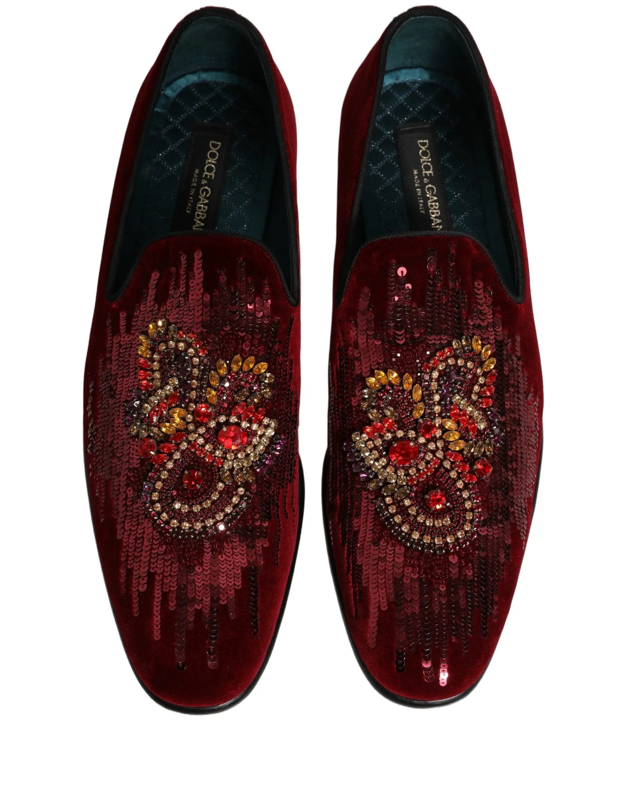 Dolce & Gabbana Maroon Sequin Gemstone Dress Loafers Shoes