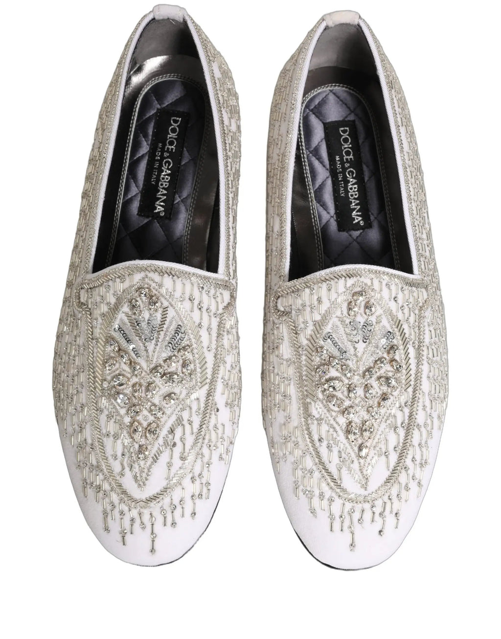 Dolce & Gabbana White Satin Embellished Dress Loafers Shoes