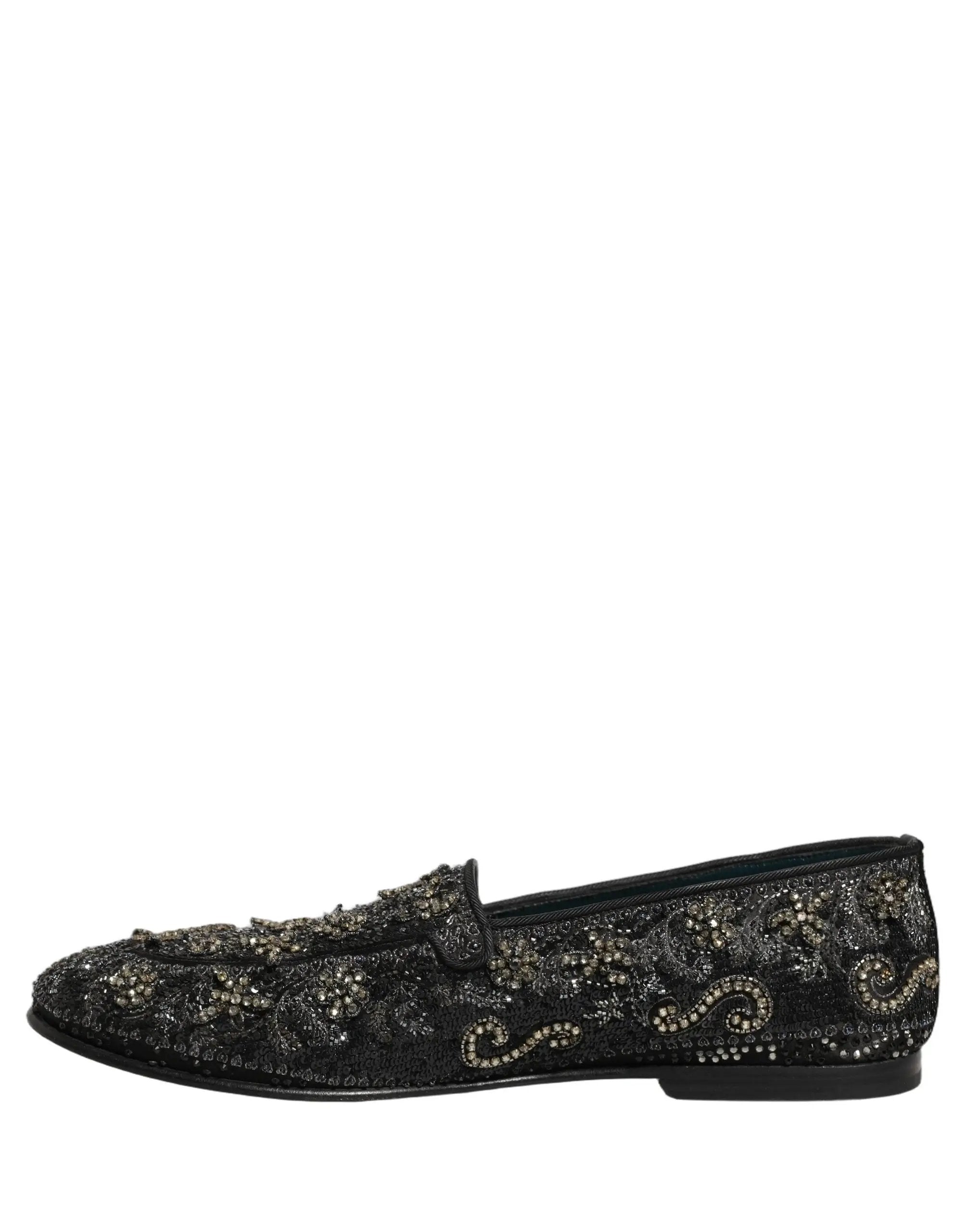 Dolce & Gabbana Black Rhinestone Embellished Loafers Shoes