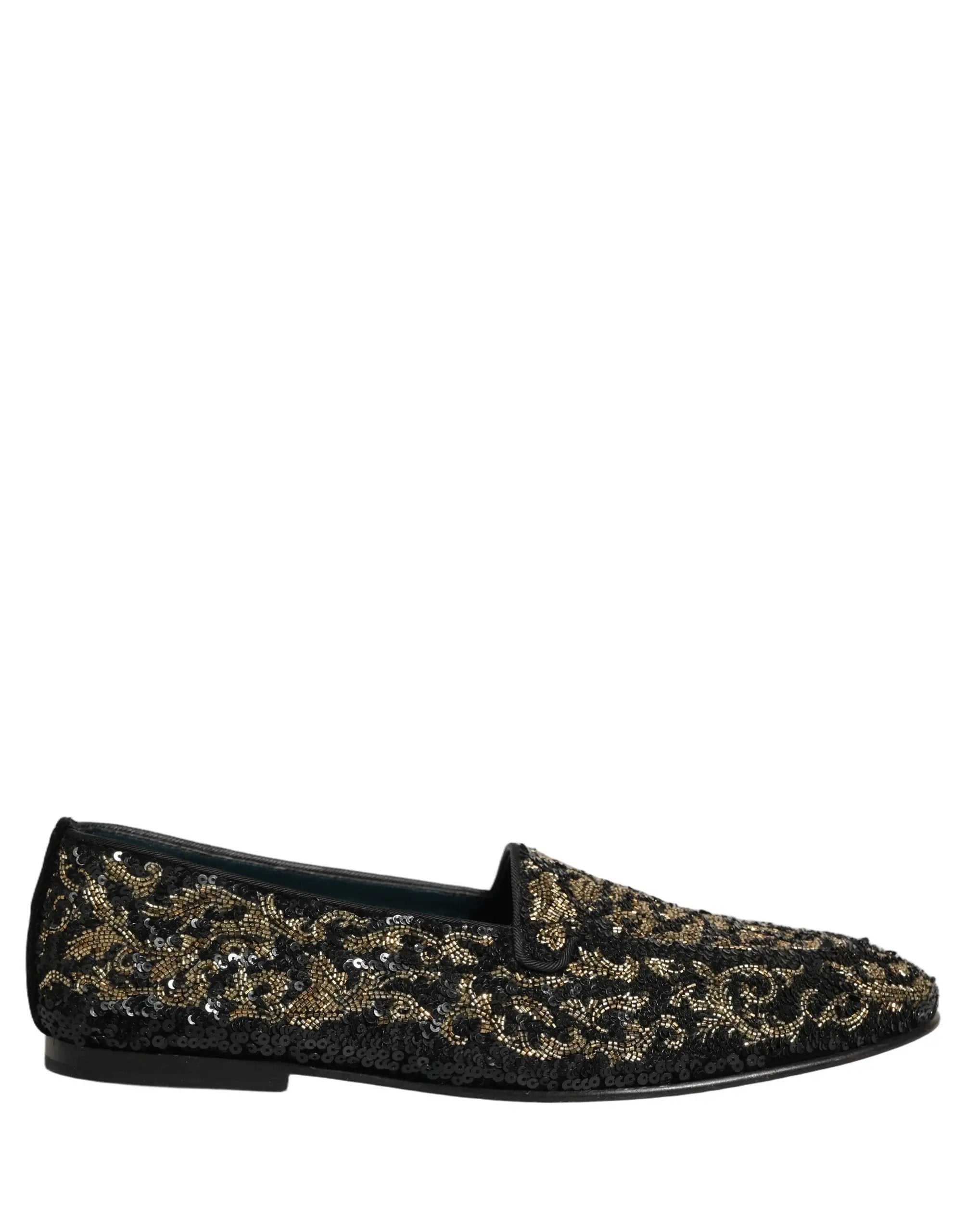 Dolce & Gabbana Black Gold Embellished Dress Loafers Shoes