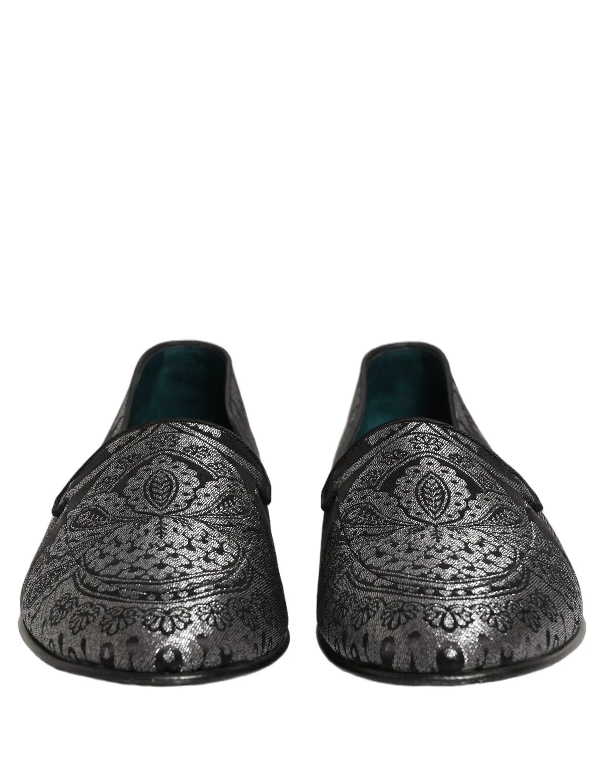 Dolce & Gabbana Silver Jacquard Leather Slip On Loafers Shoes
