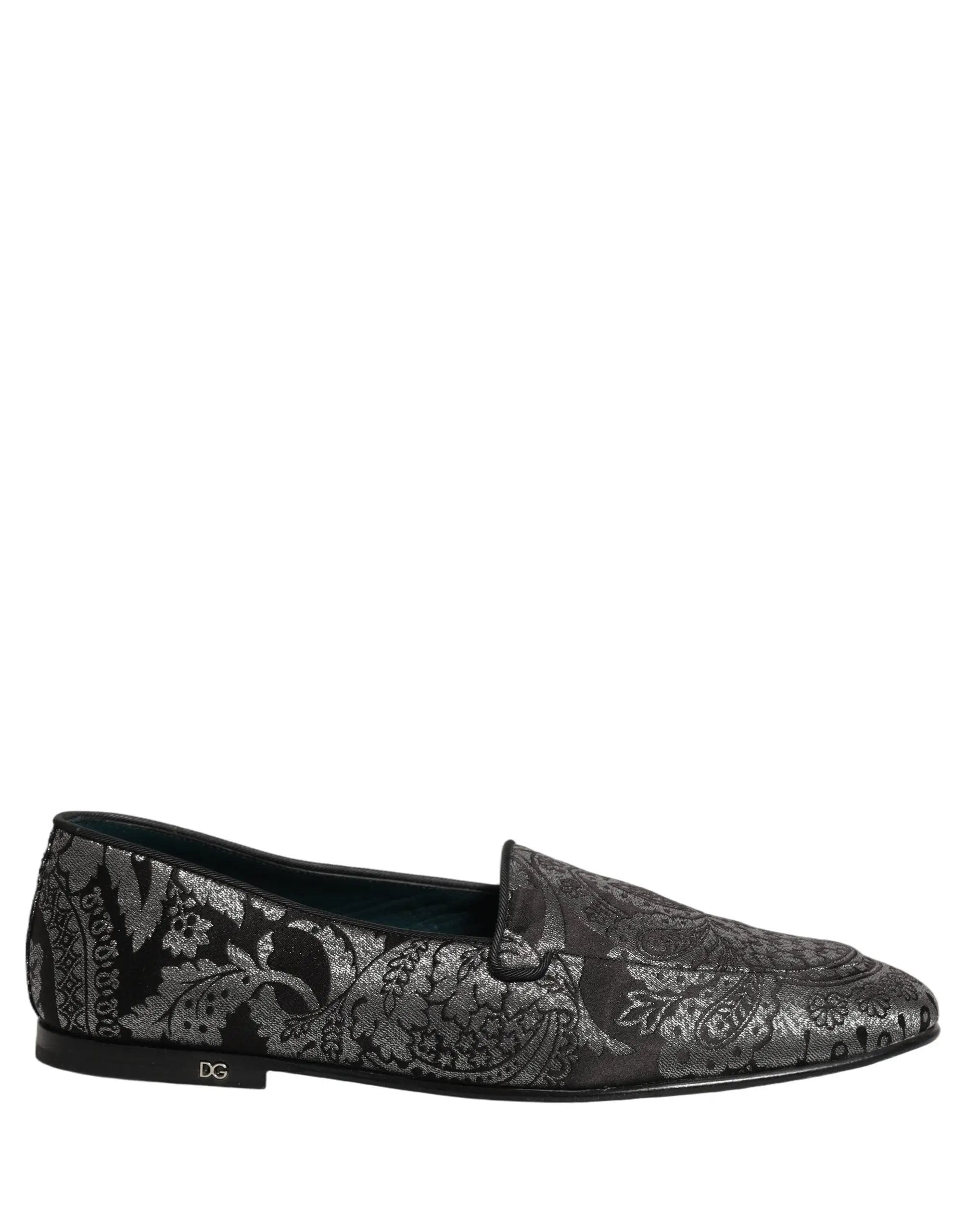 Dolce & Gabbana Silver Jacquard Leather Slip On Loafers Shoes