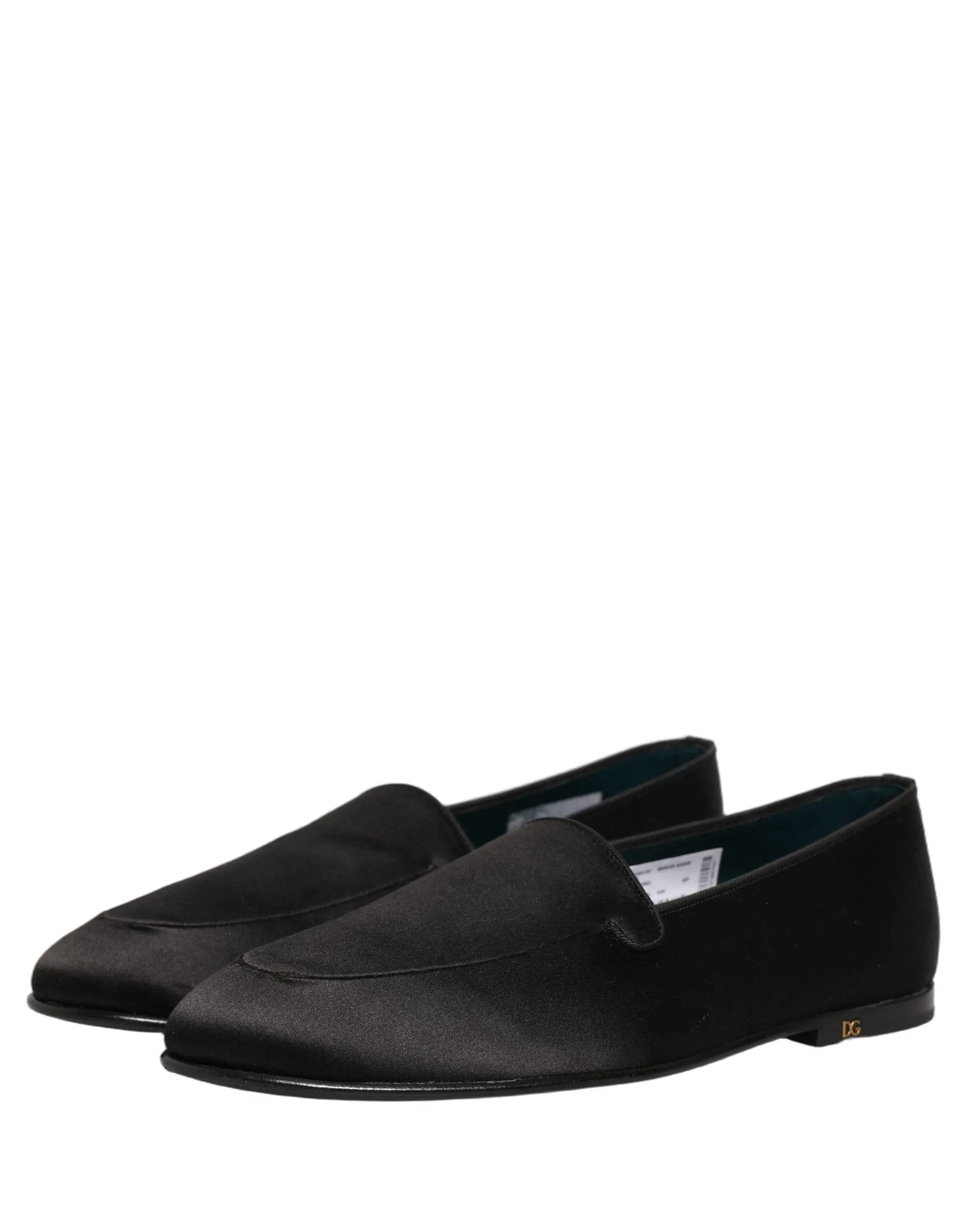 Dolce & Gabbana Black Satin Logo Slip On Flats Loafers Shoes