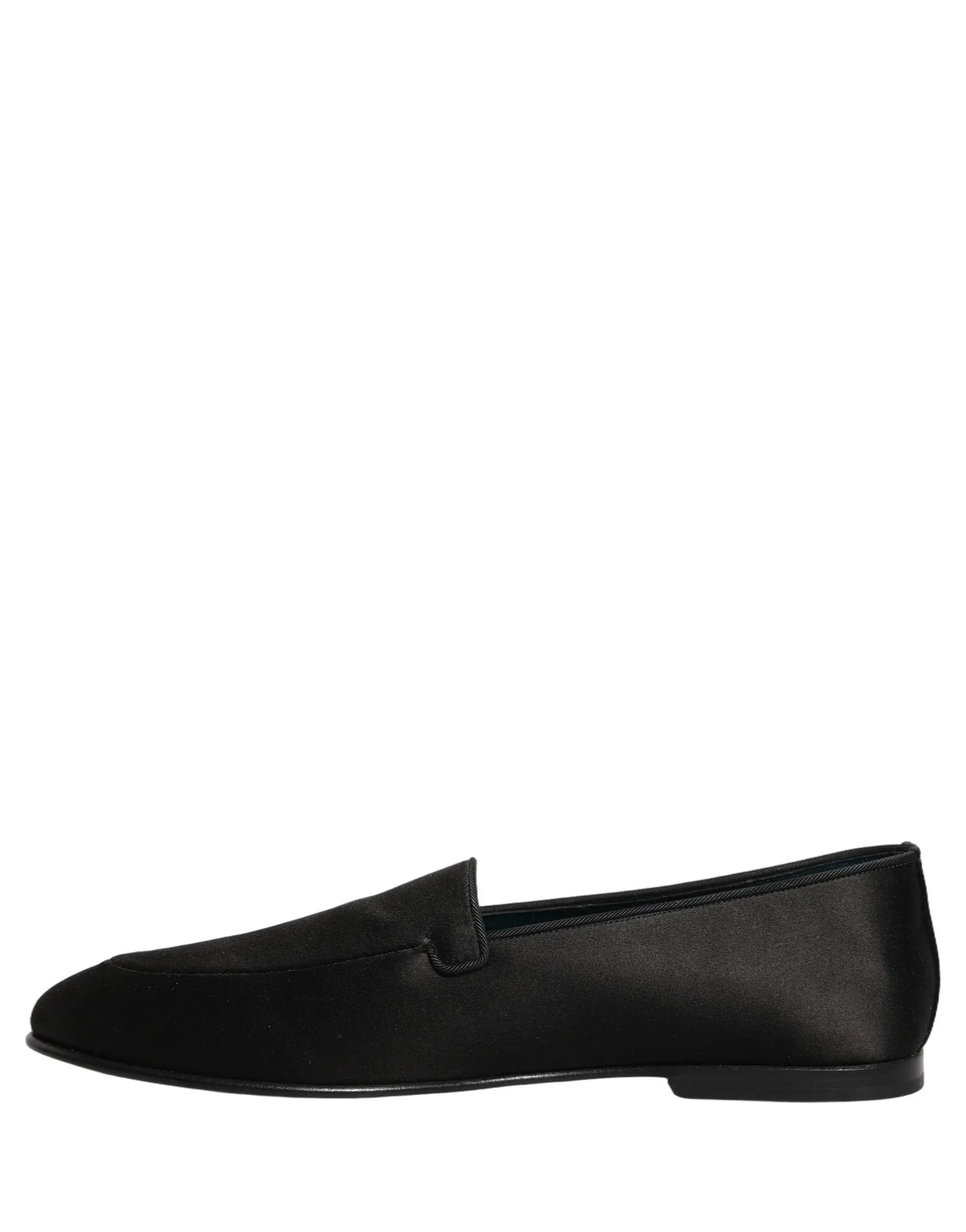 Dolce & Gabbana Black Satin Logo Slip On Flats Loafers Shoes