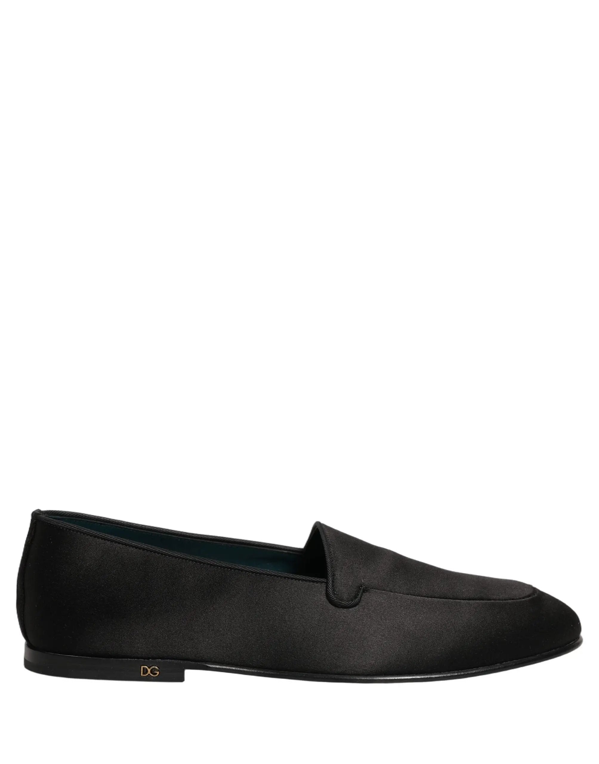 Dolce & Gabbana Black Satin Logo Slip On Flats Loafers Shoes