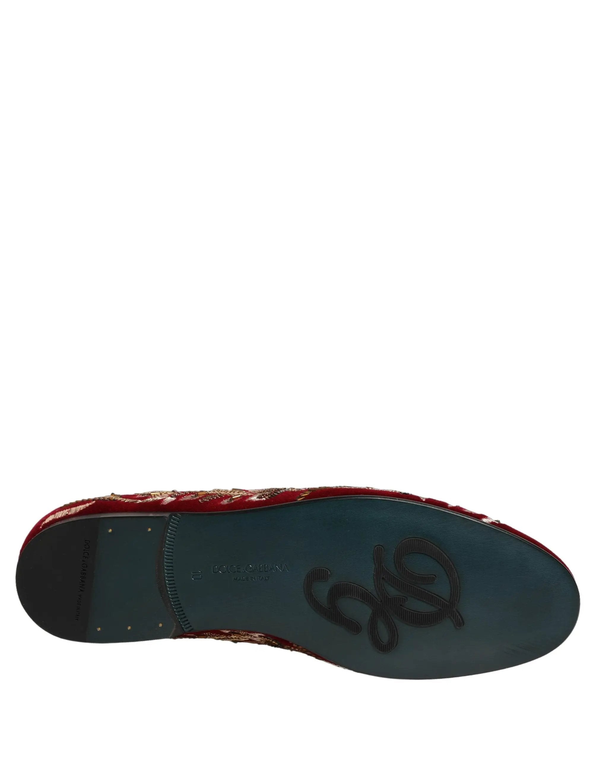 Chaussures mocassins Dolce & Gabbana en velours rouge brodé de fleurs