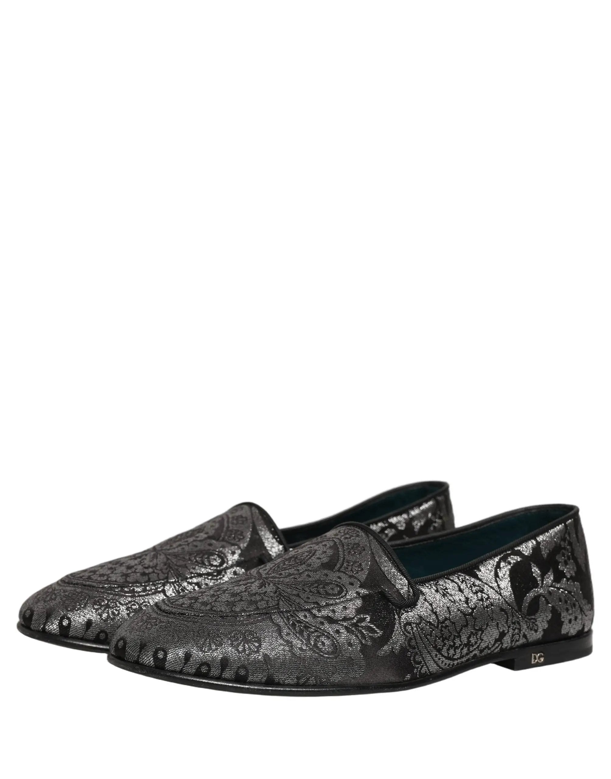Dolce & Gabbana Silver Jacquard Leather Slip On Loafers Shoes