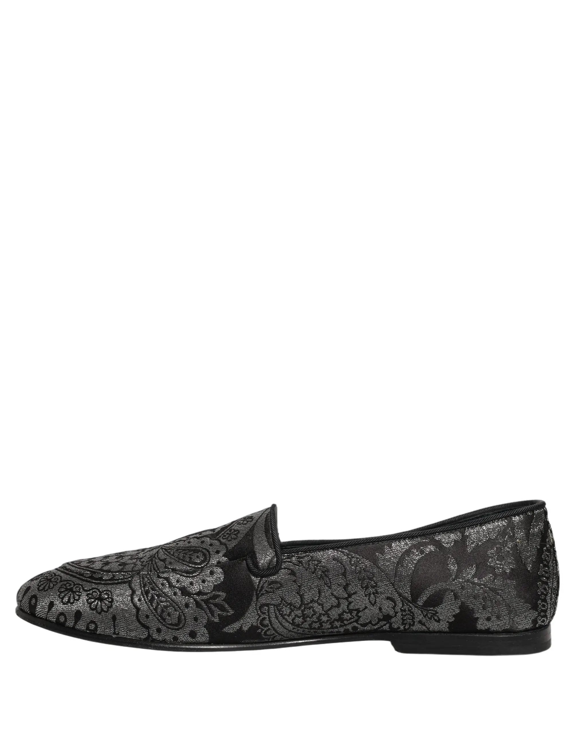 Dolce & Gabbana Silver Jacquard Leather Slip On Loafers Shoes