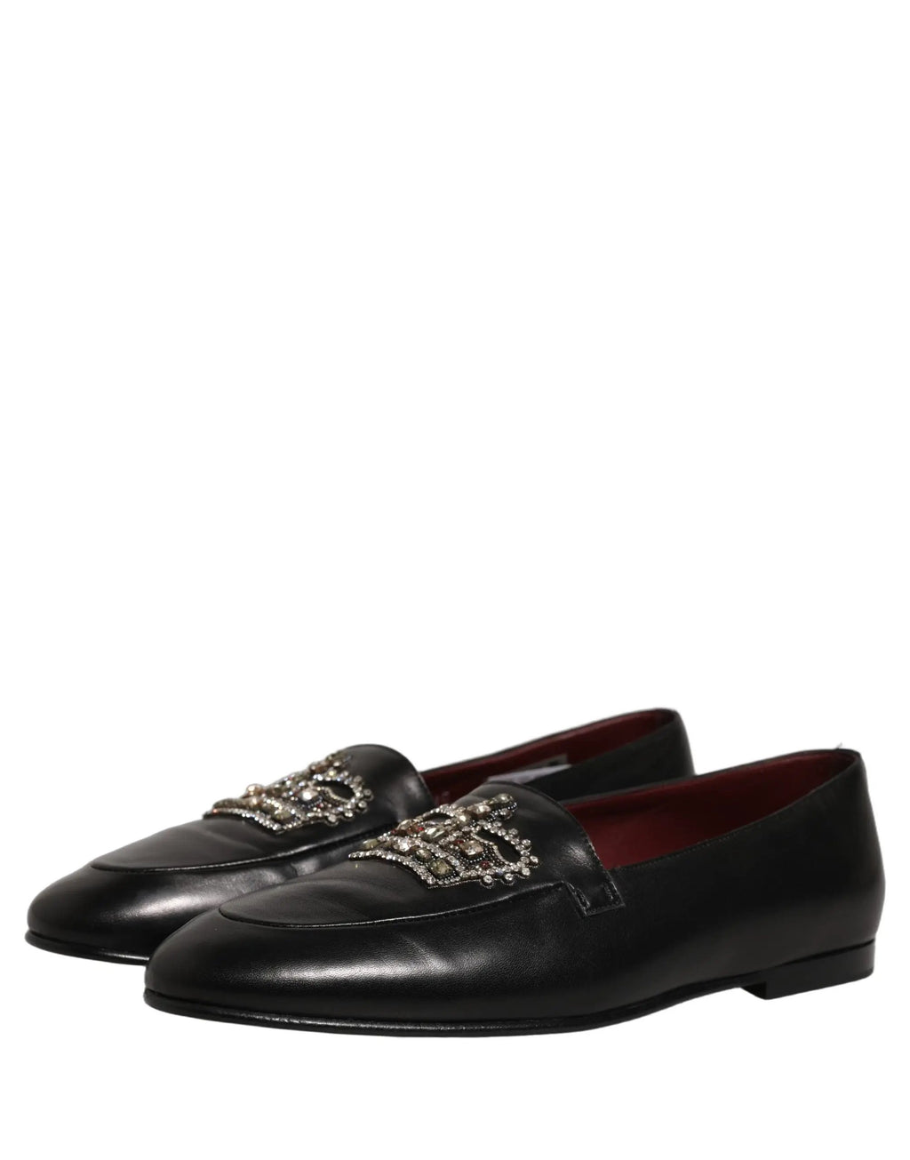 Dolce & Gabbana Black Leather Crown Embellished Loafers Shoes