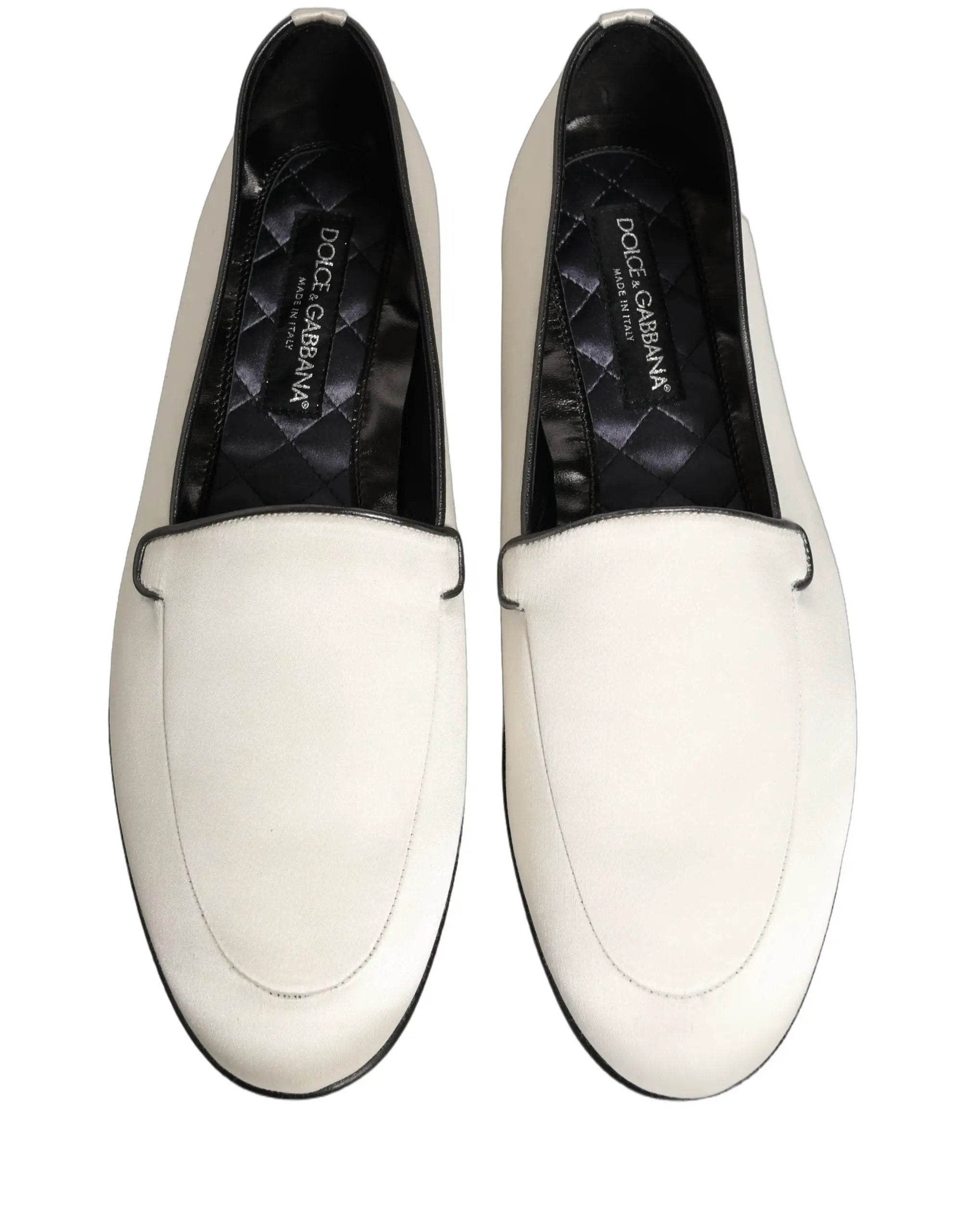 Dolce & Gabbana White Satin Logo Slip On Flats Loafers Shoes