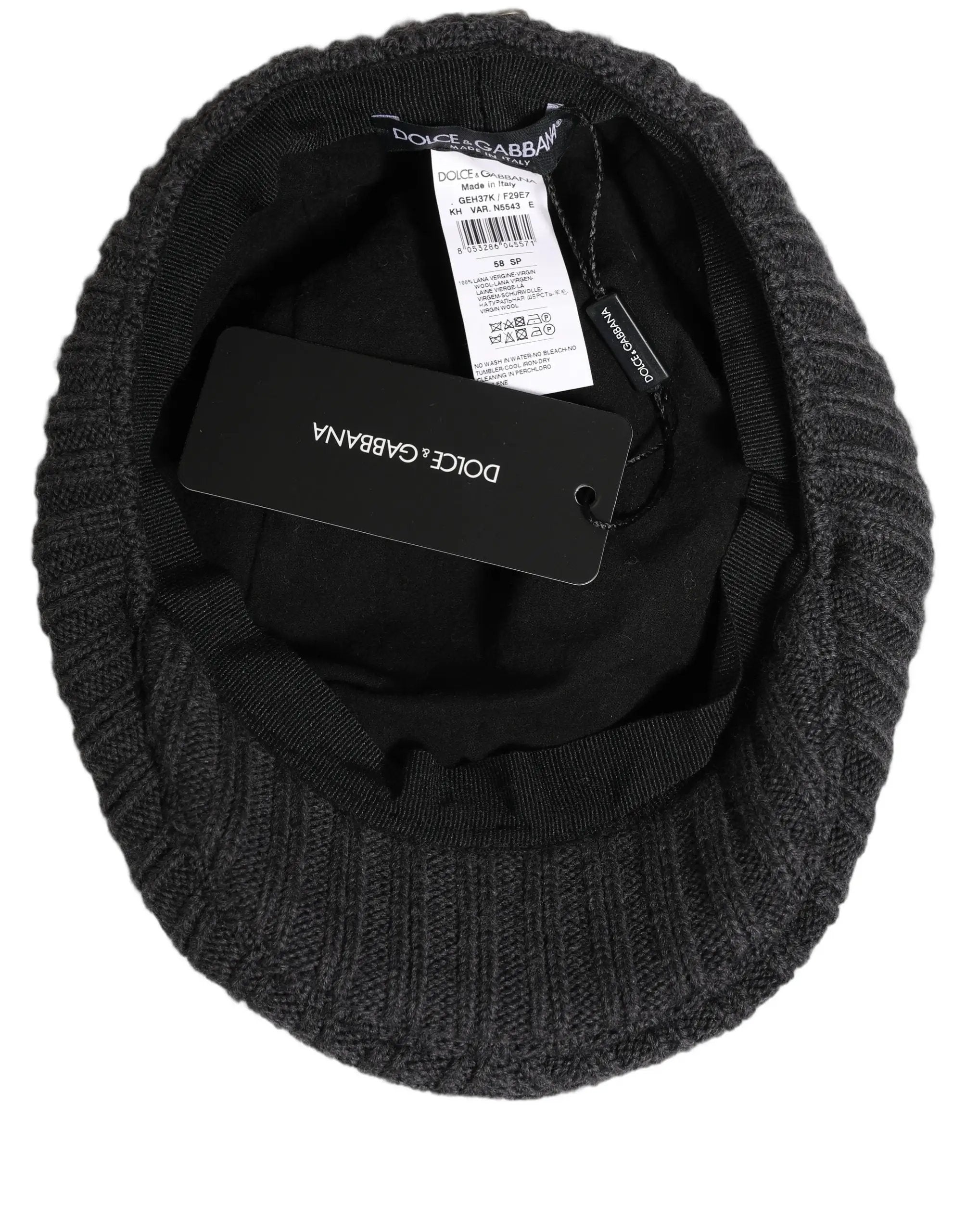 Dolce & Gabbana Homme Chapeau Casquette Gavroche en Laine Tricotée Gris Foncé