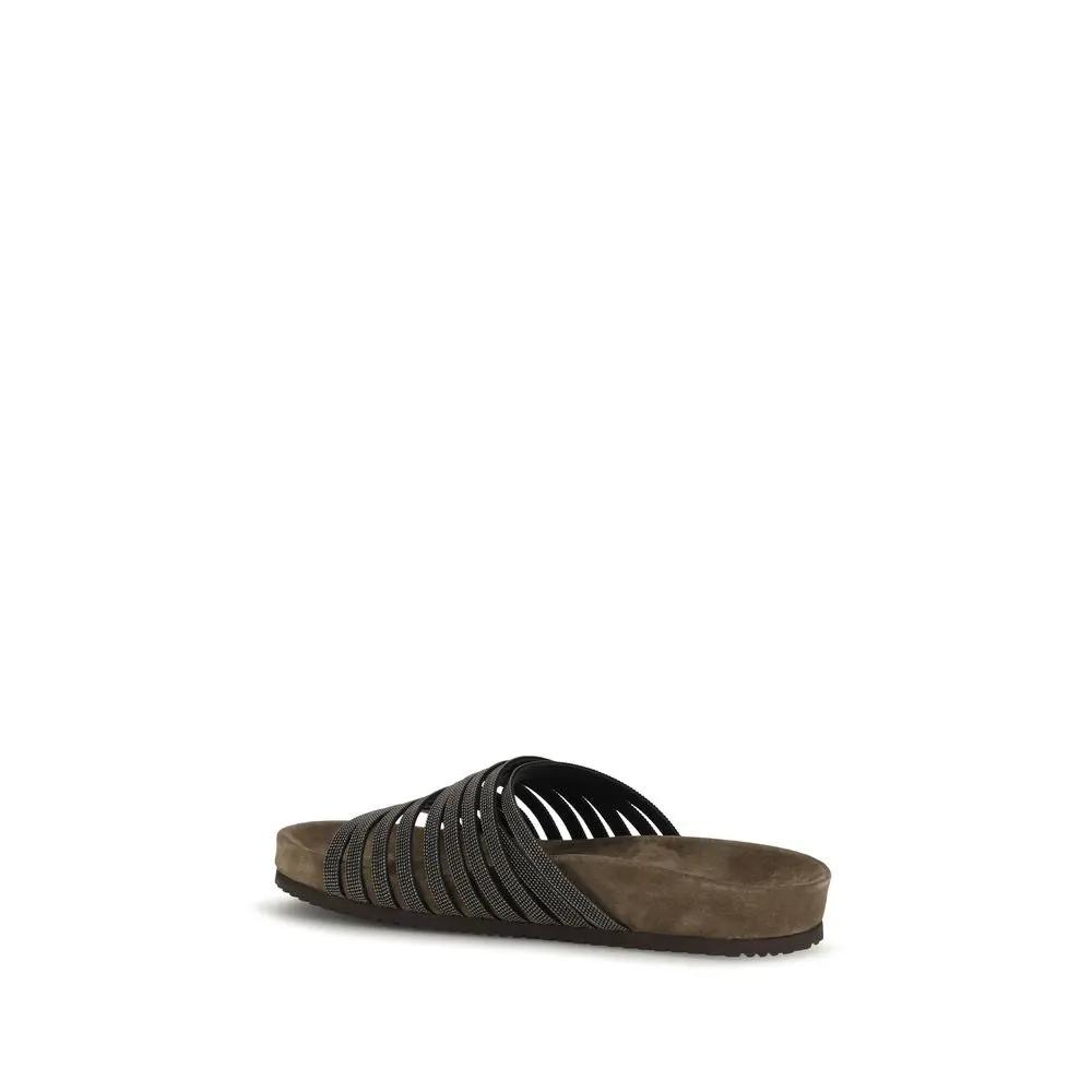 Sandales plates Bos Taurus en cuir de veau noir Brunello Cucinelli