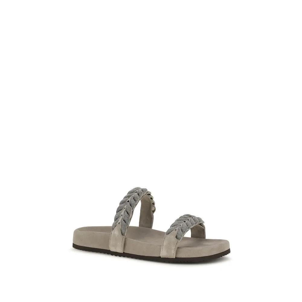 Sandales plates Bos Taurus en cuir de veau gris Brunello Cucinelli