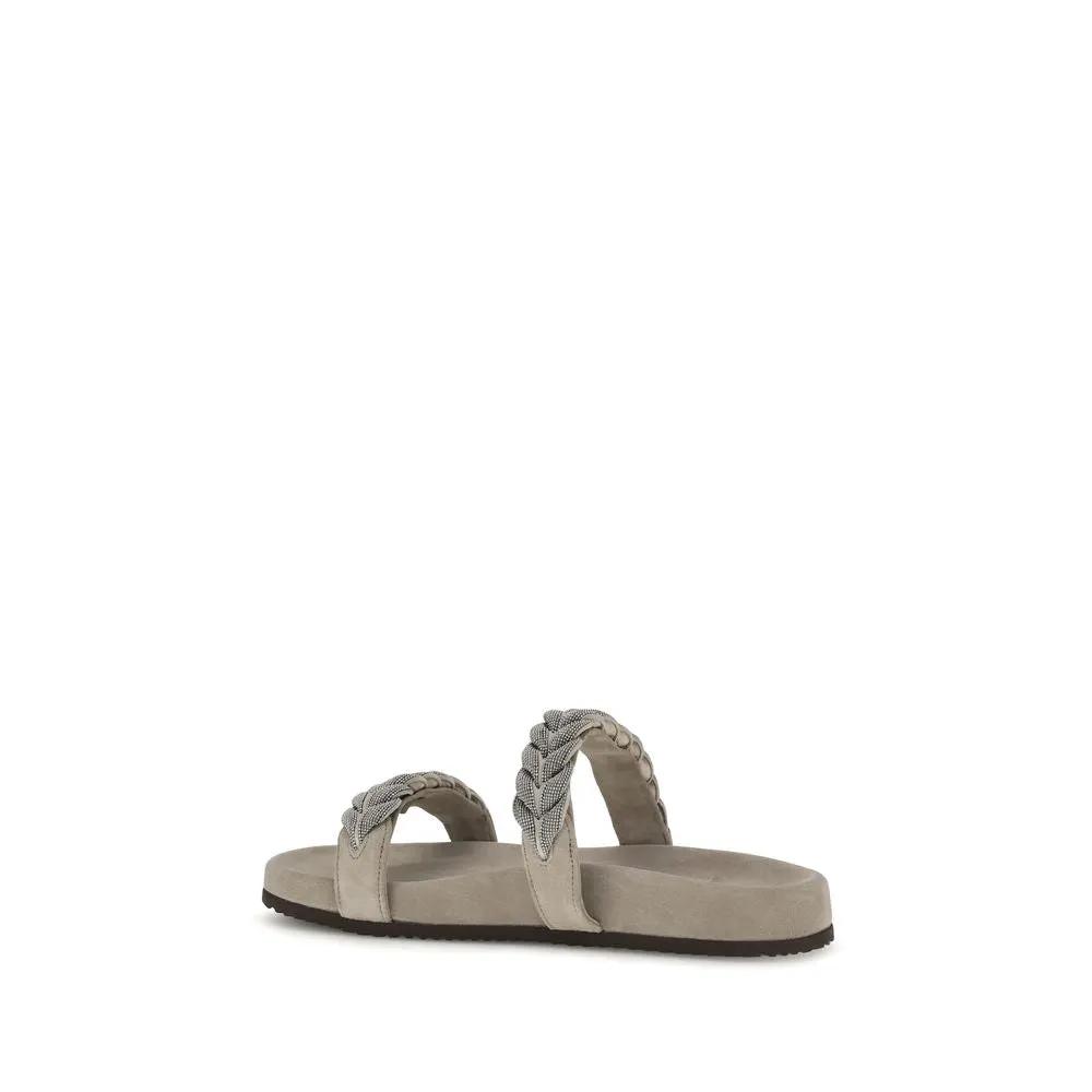 Sandales plates Bos Taurus en cuir de veau gris Brunello Cucinelli