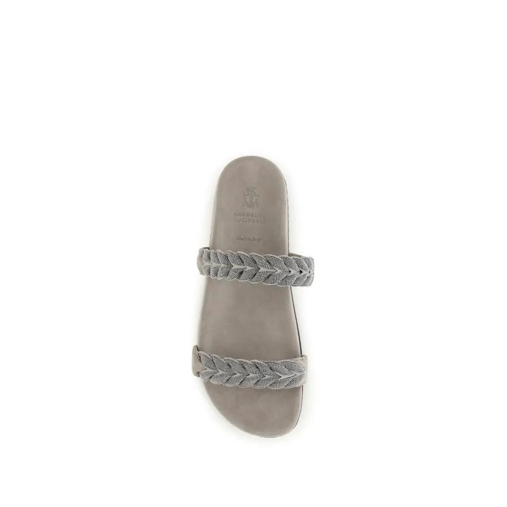 Sandales plates Bos Taurus en cuir de veau gris Brunello Cucinelli