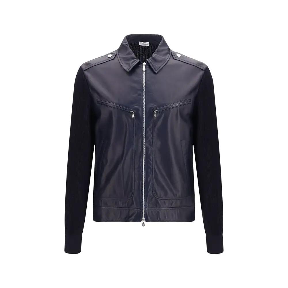 Brunello Cucinelli Blue Calf Leather Bos Taurus Leather Jacket