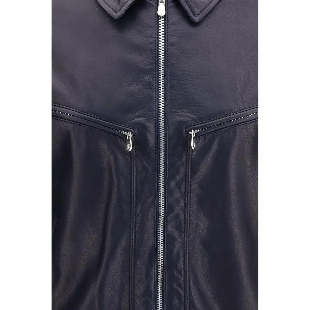 Brunello Cucinelli Blue Calf Leather Bos Taurus Leather Jacket