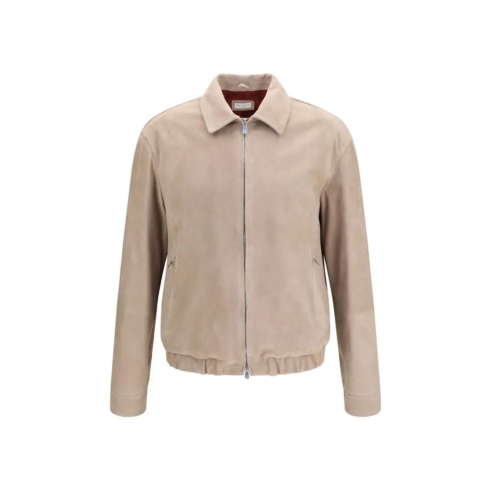 Brunello Cucinelli Bomber en cuir de veau beige Bos Taurus