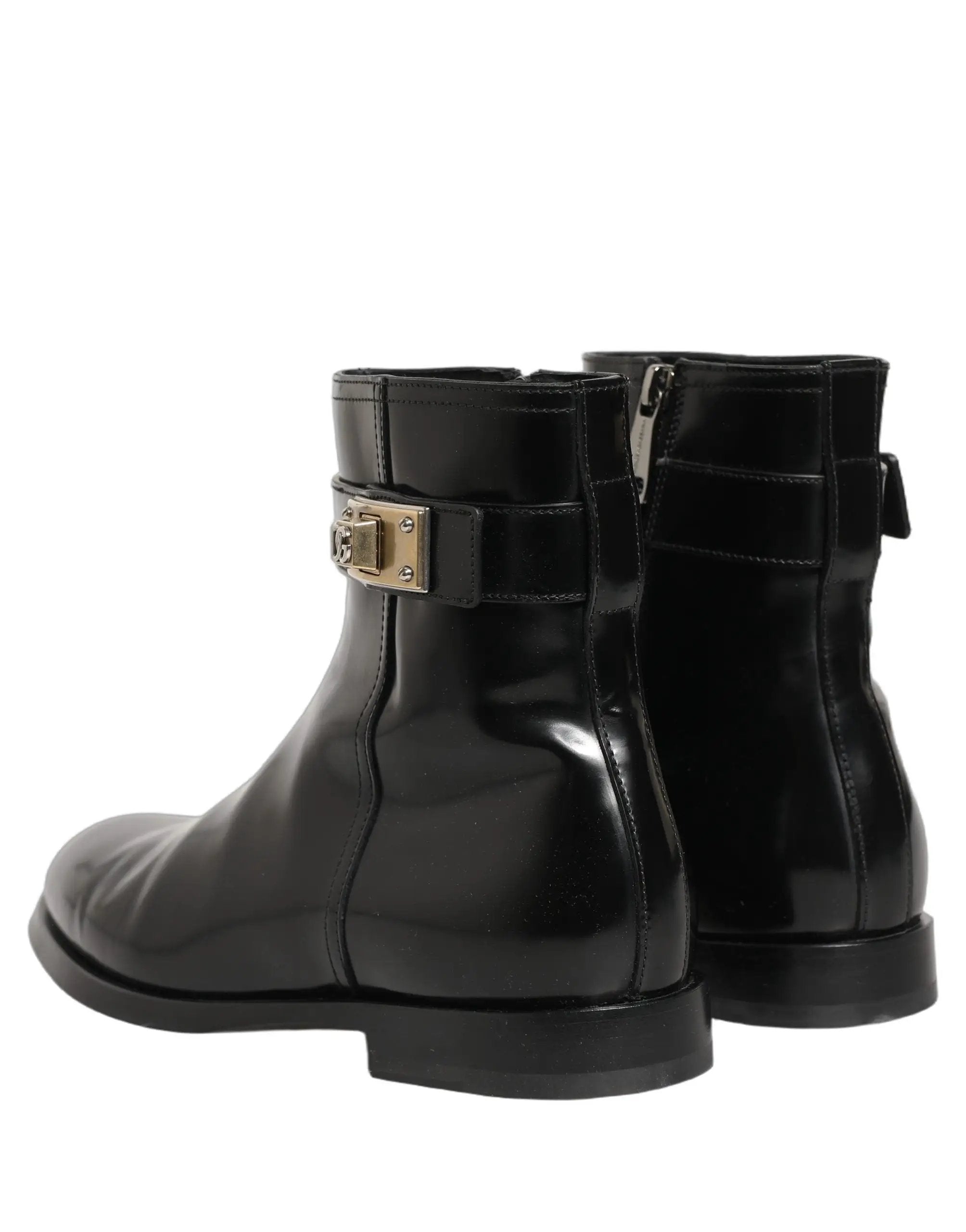 Dolce & Gabbana Black Leather Logo Buckle Mid Calf Boots Shoes