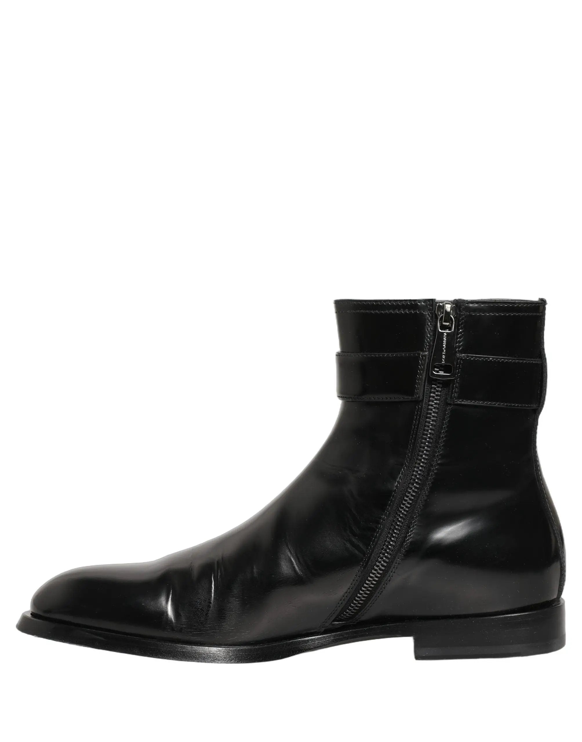 Dolce & Gabbana Black Leather Logo Buckle Mid Calf Boots Shoes