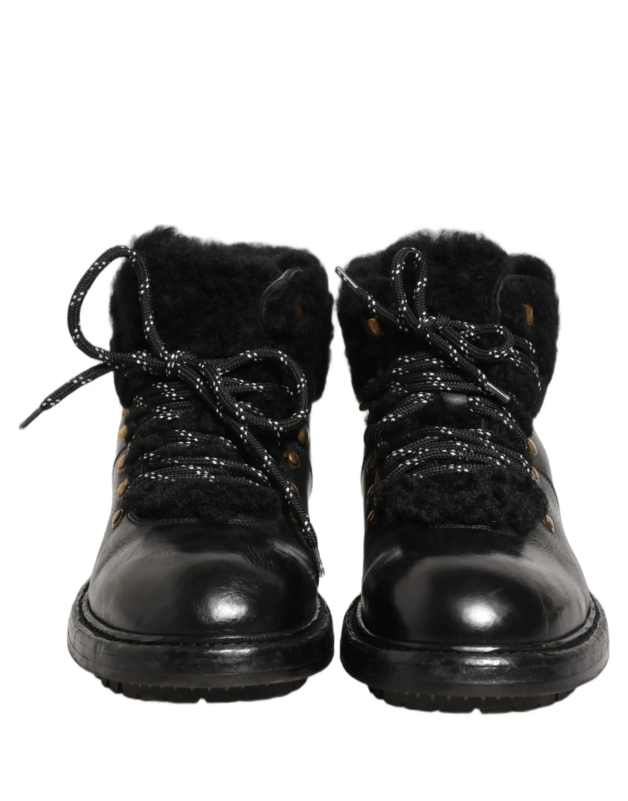 Dolce & Gabbana Black Trekking Fur Lace Leather Boots Shoes