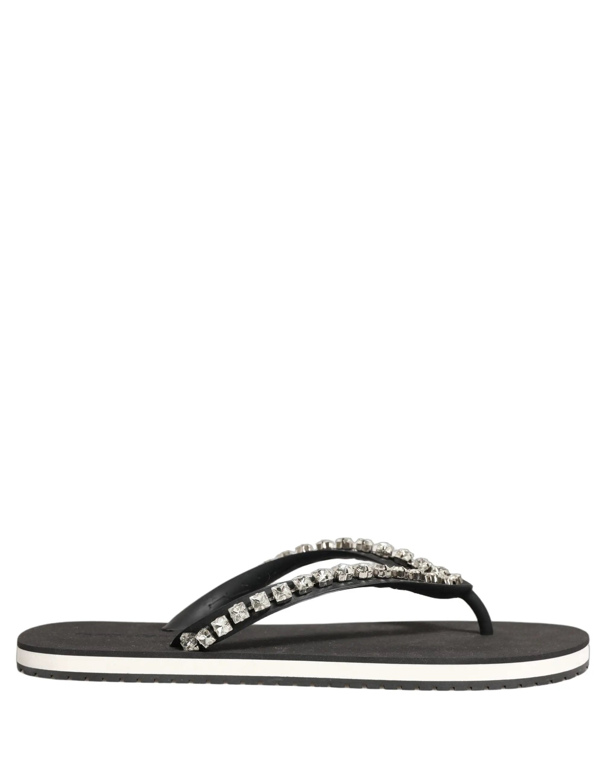 Dolce & Gabbana Black Embellished Rubber Flip Flops Men Shoes