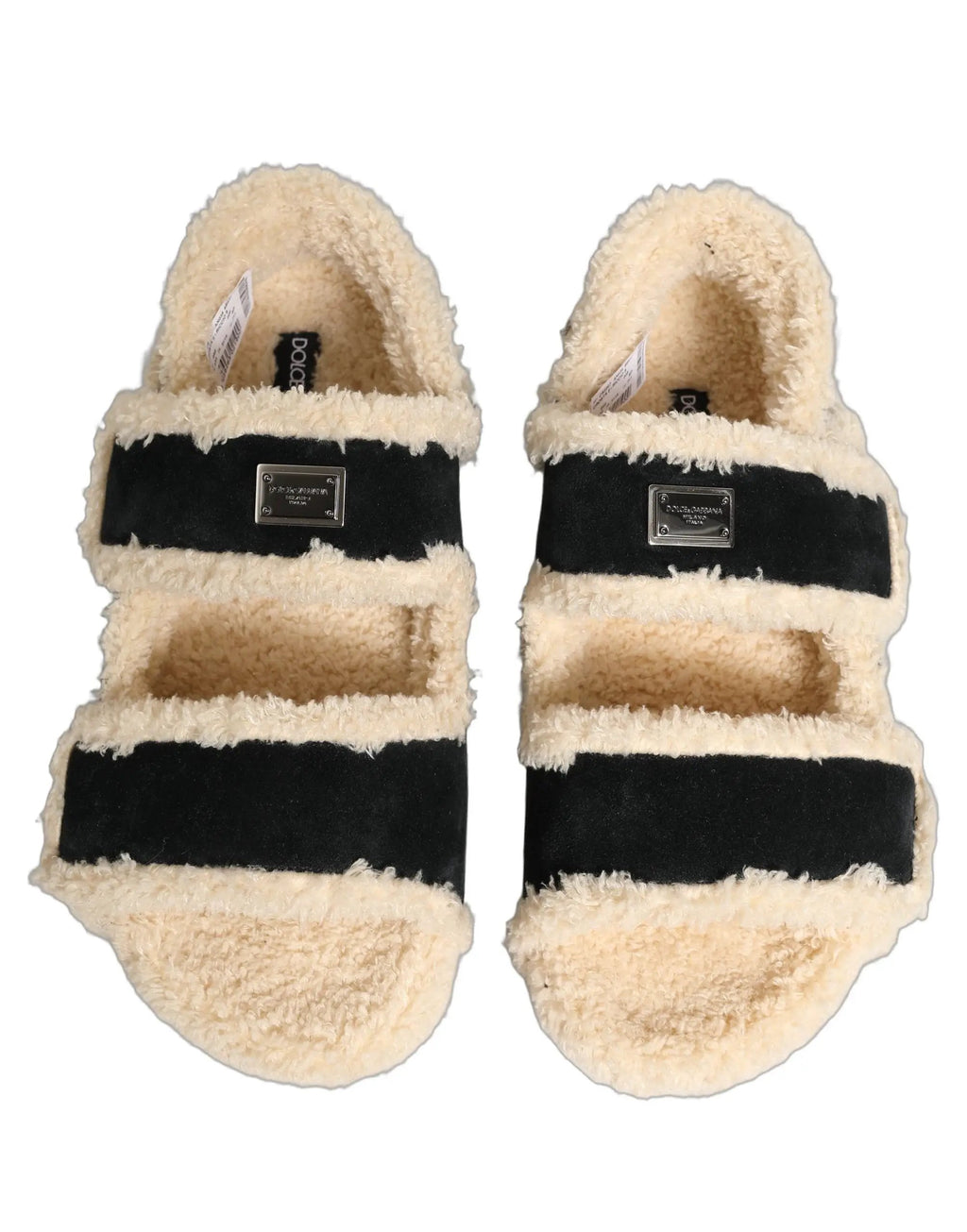 Dolce & Gabbana Sandales plates homme en fausse fourrure beige et noire