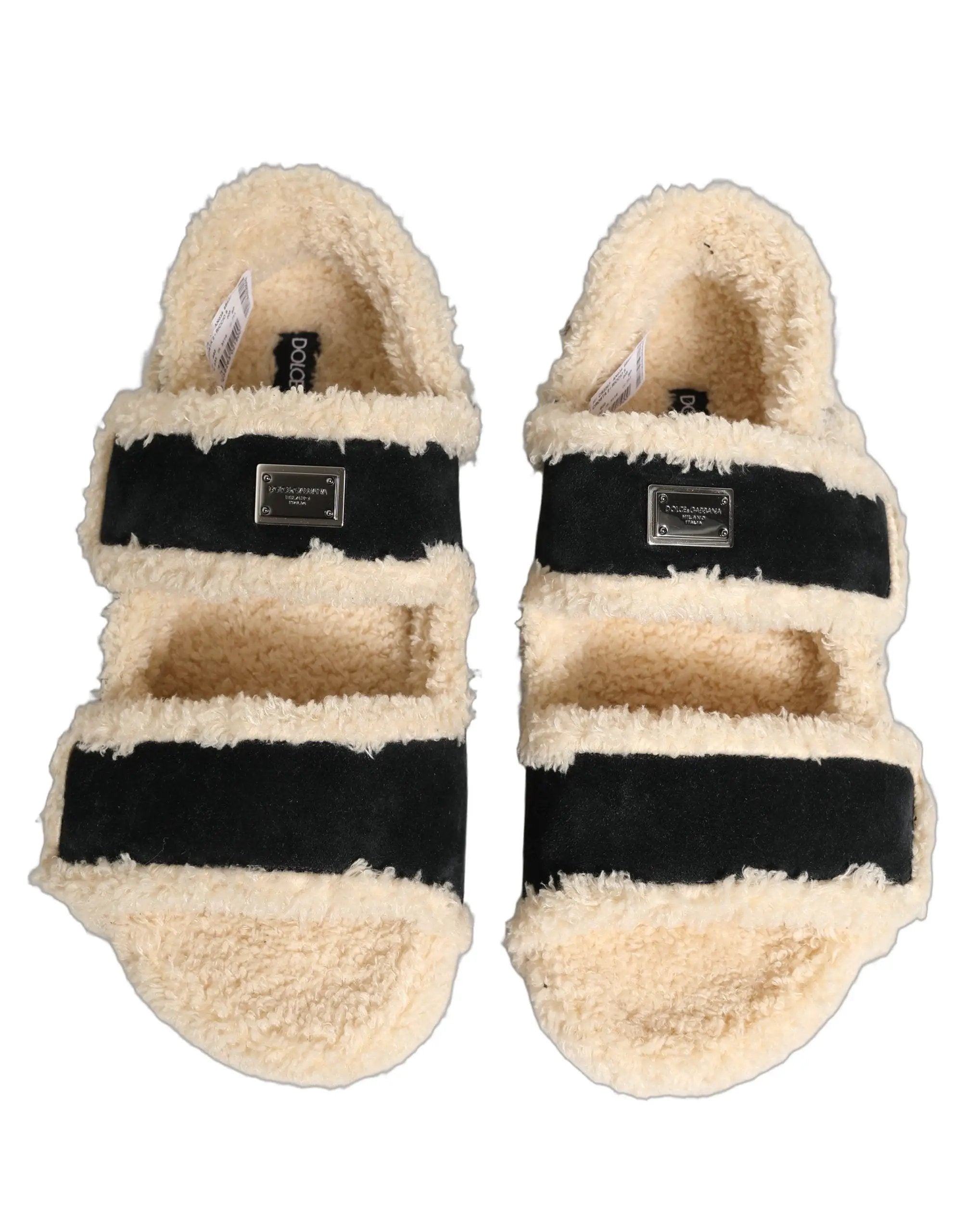 Dolce & Gabbana Sandales plates homme en fausse fourrure beige et noire