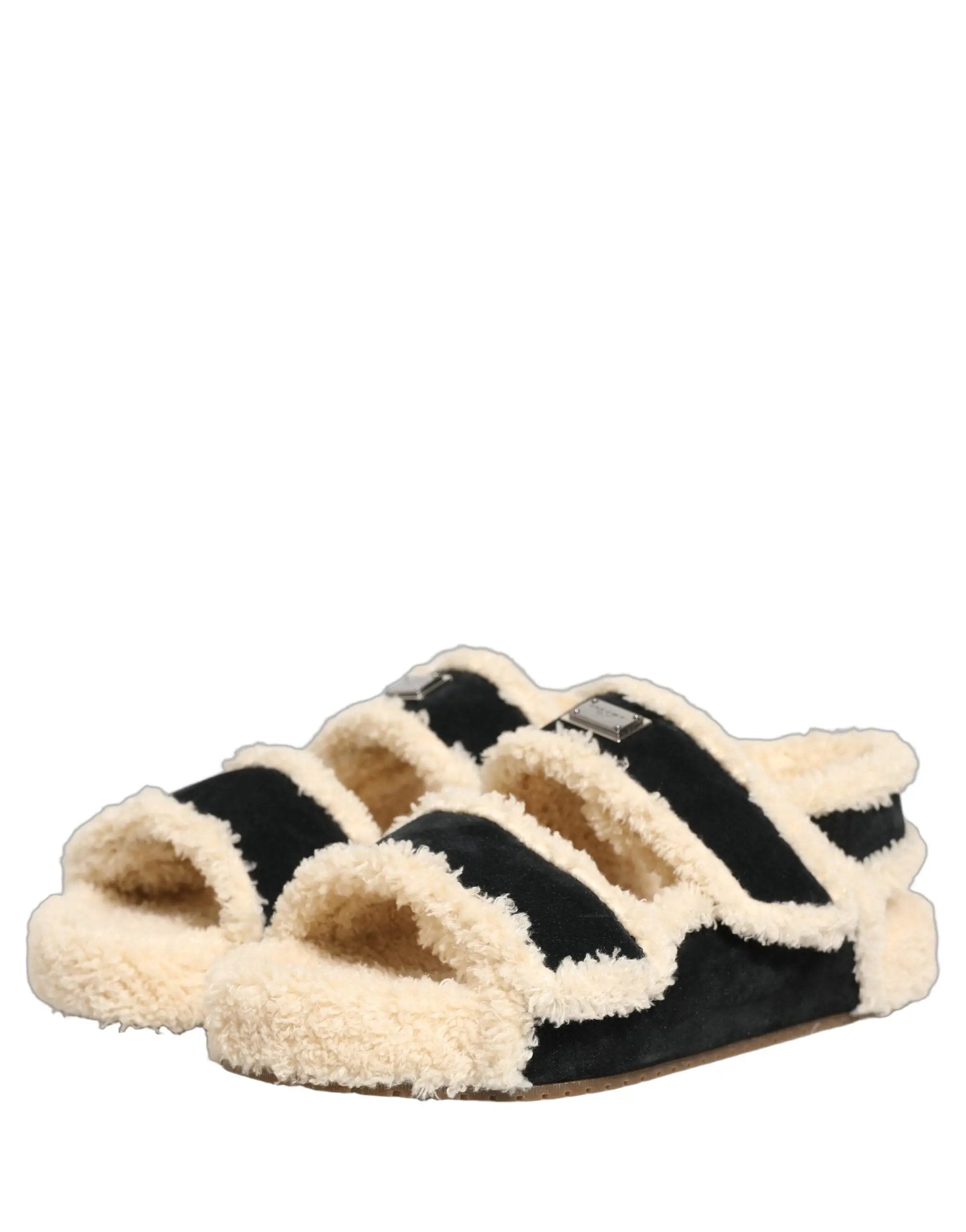 Dolce & Gabbana Sandales plates homme en fausse fourrure beige et noire