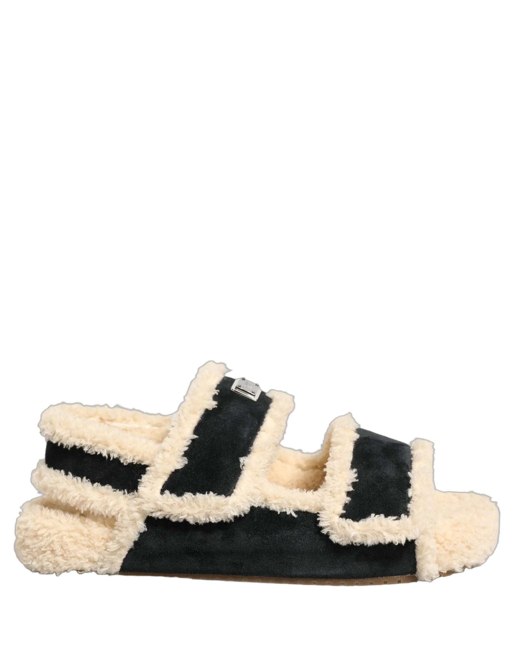 Dolce & Gabbana Sandales plates homme en fausse fourrure beige et noire