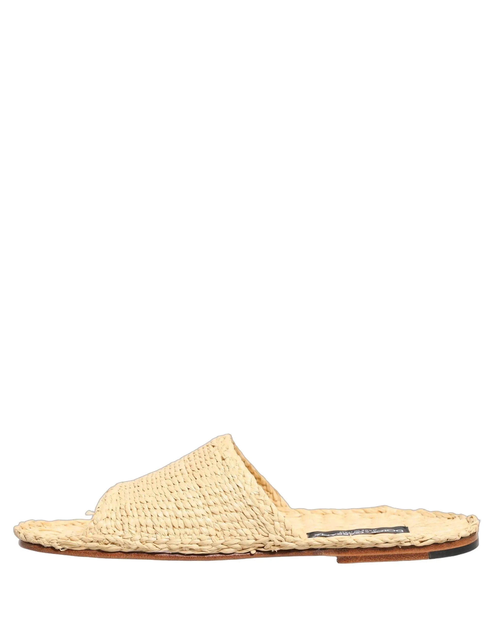 Dolce & Gabbana Beige Straw Raffia Slides Sandals Flats Shoes