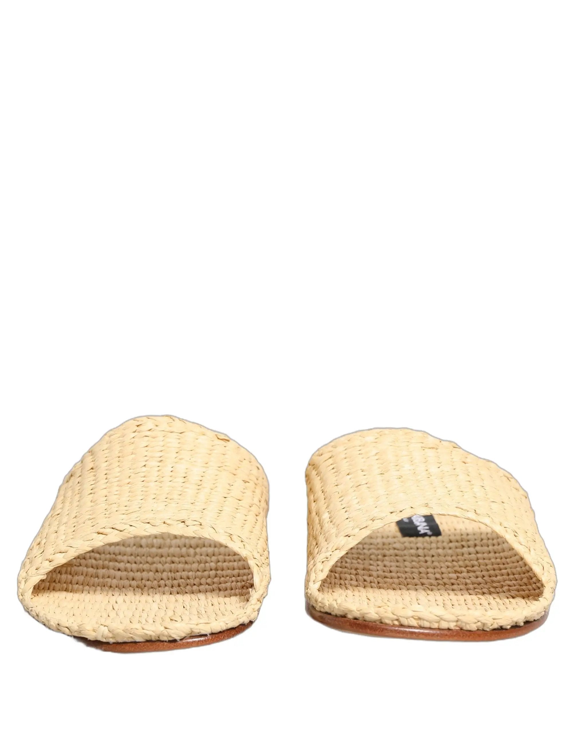 Dolce & Gabbana Beige Straw Raffia Slides Sandals Flats Shoes