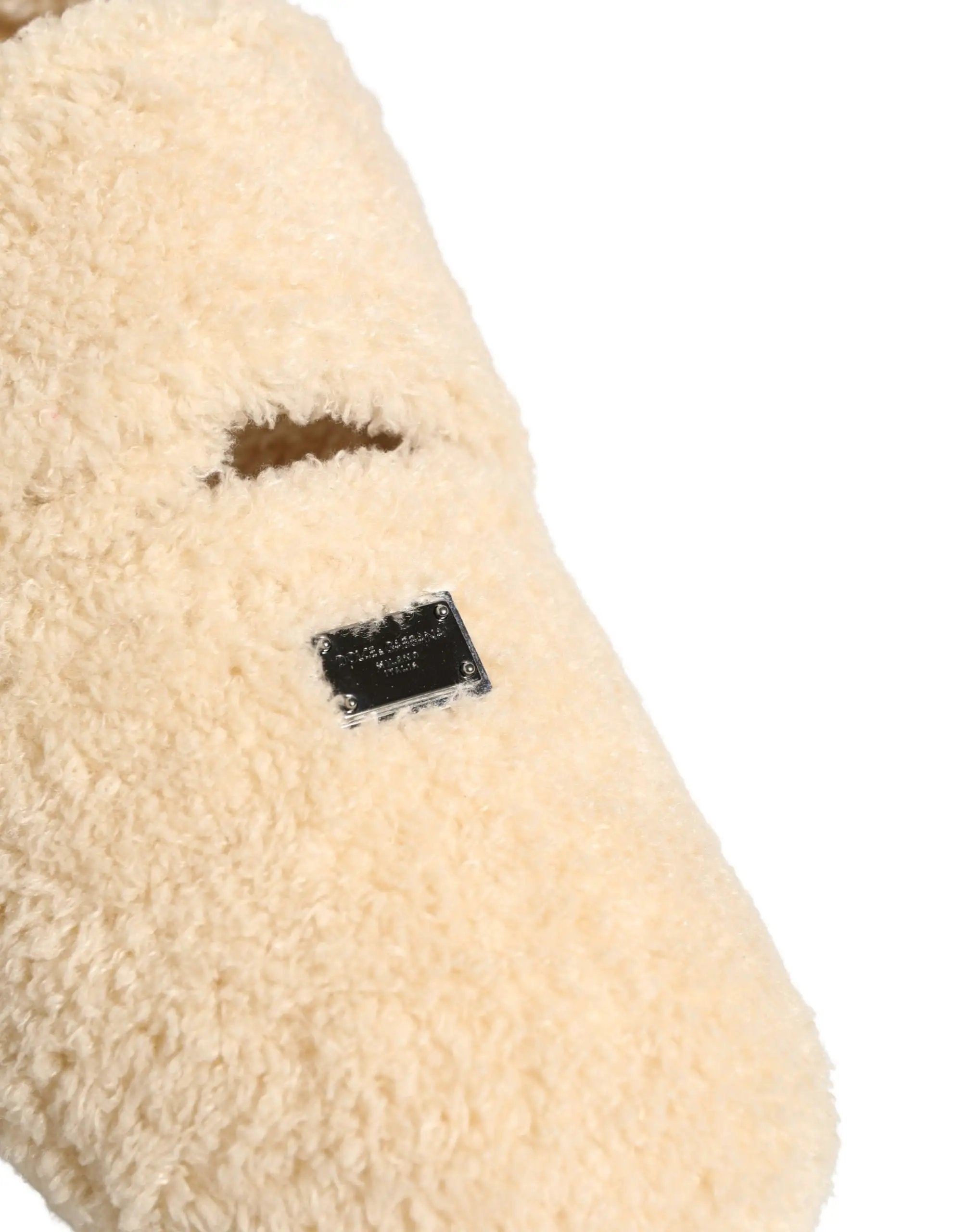 Dolce & Gabbana Hommes Claquettes Sandales Plates en Fausse Fourrure Beige