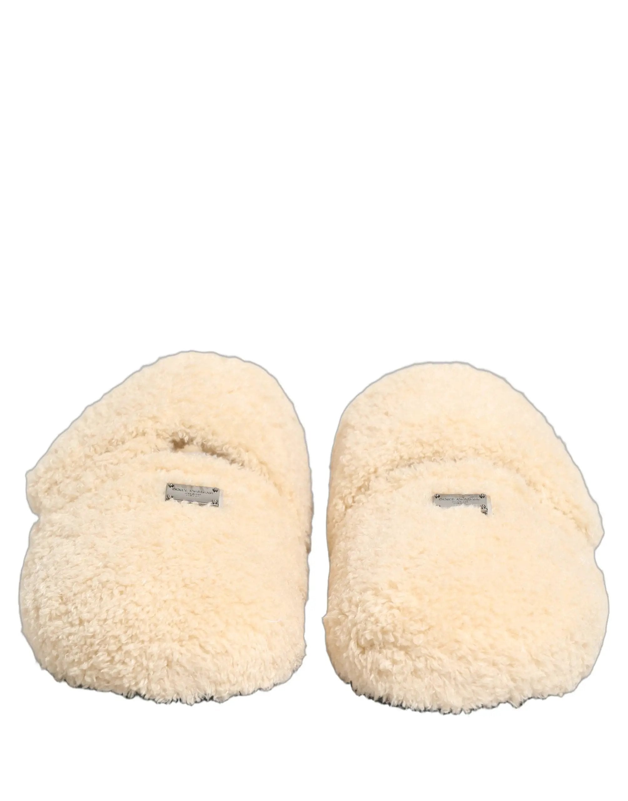 Dolce & Gabbana Hommes Claquettes Sandales Plates en Fausse Fourrure Beige