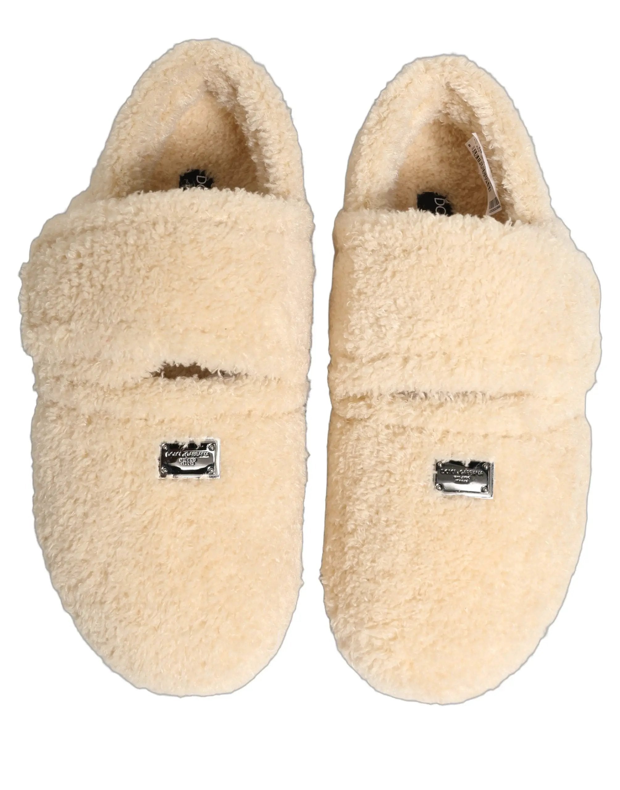 Dolce & Gabbana Hommes Claquettes Sandales Plates en Fausse Fourrure Beige
