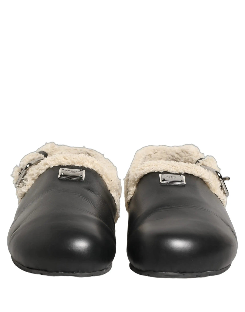 Chaussons sandales Dolce & Gabbana en peau de mouton et fourrure beiges et noirs