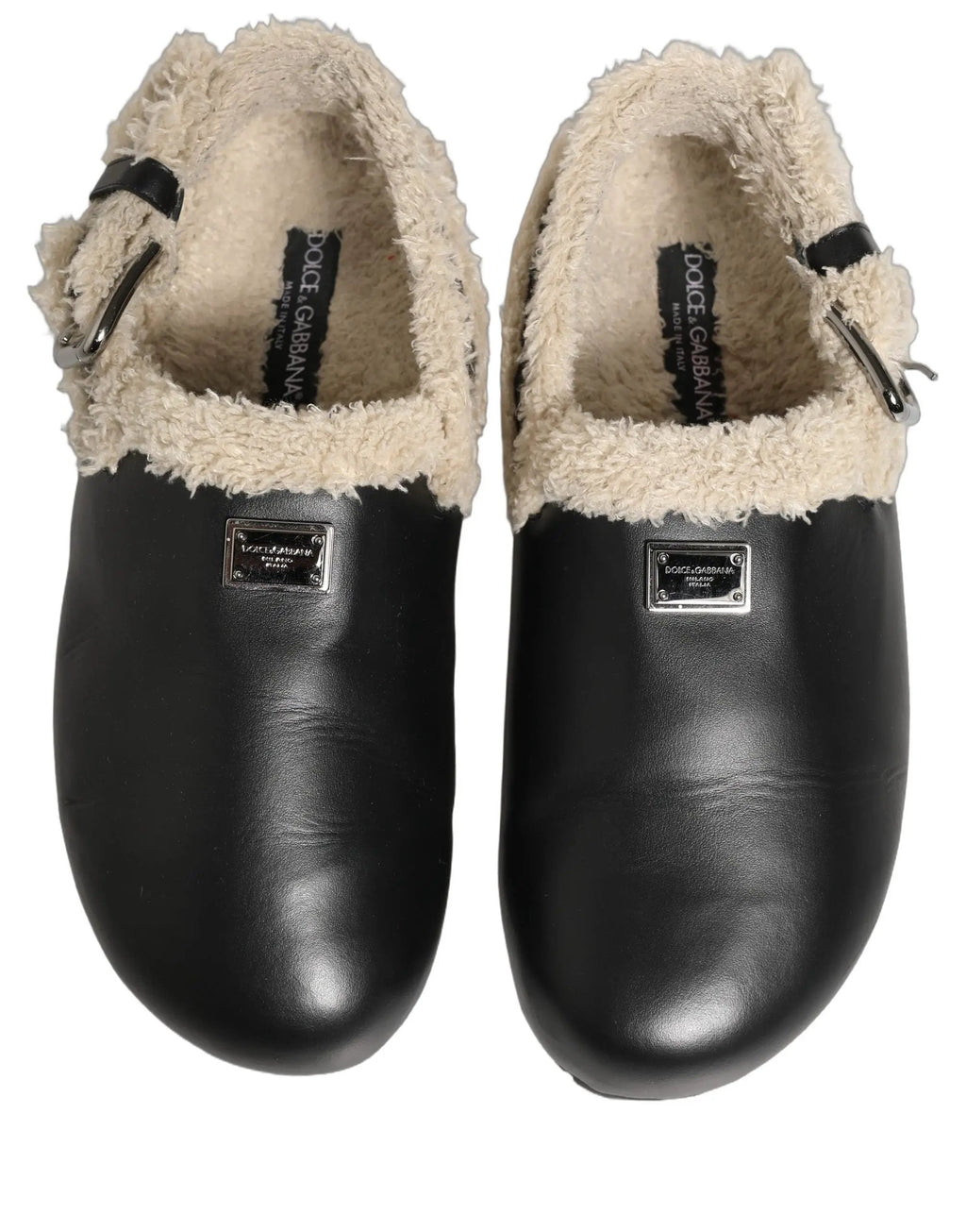 Chaussons sandales Dolce & Gabbana en peau de mouton et fourrure beiges et noirs