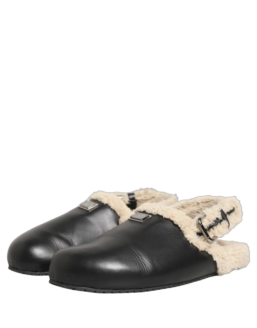 Chaussons sandales Dolce & Gabbana en peau de mouton et fourrure beiges et noirs