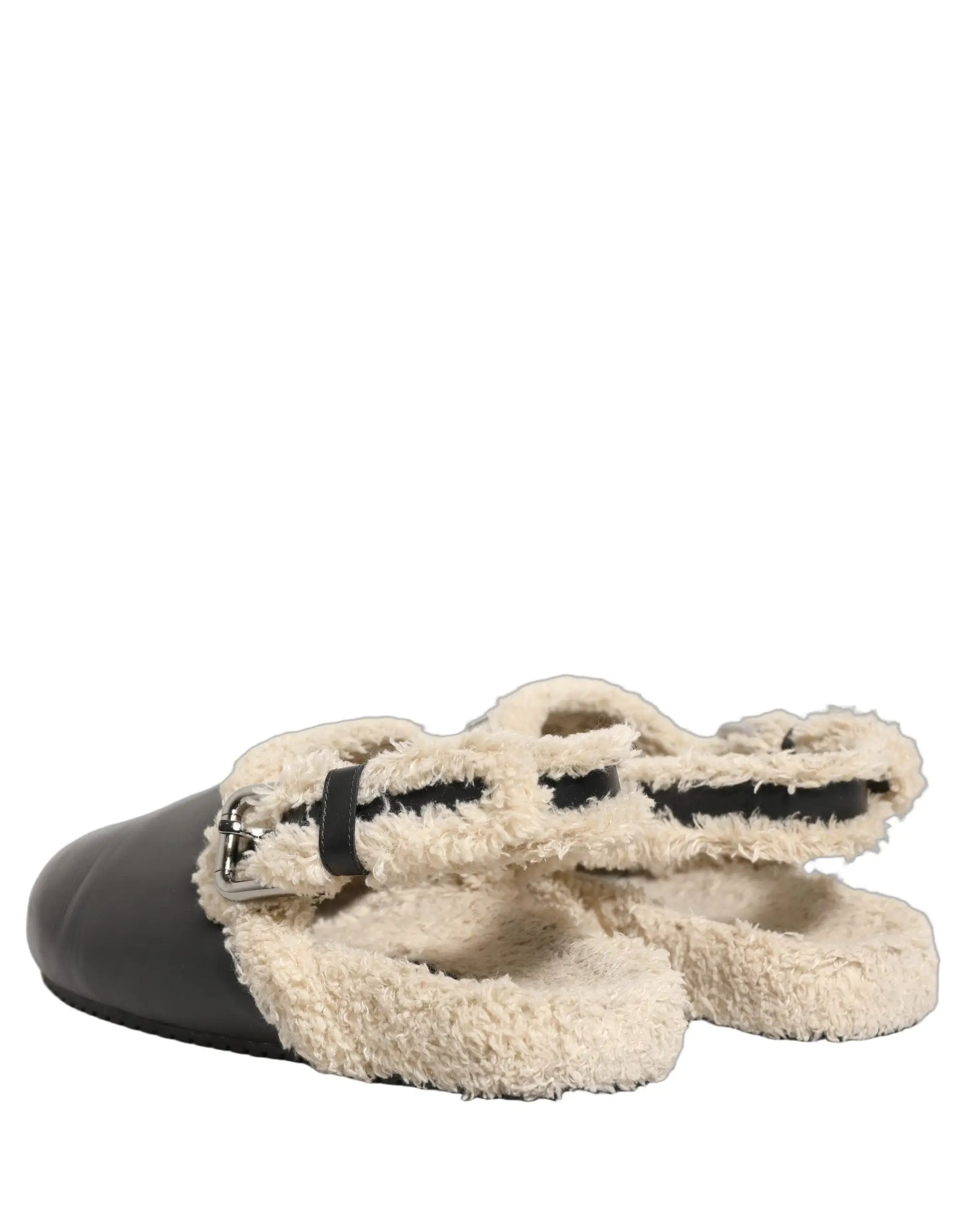 Chaussons sandales Dolce & Gabbana en peau de mouton et fourrure beiges et noirs