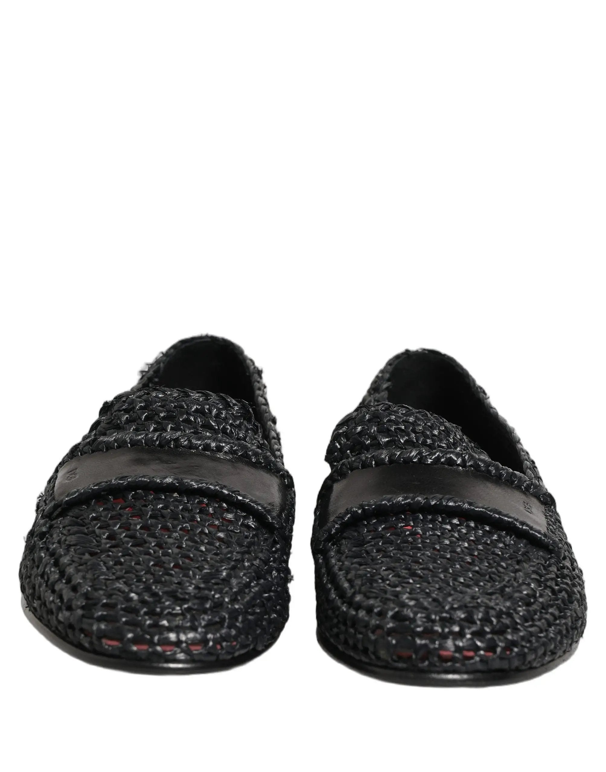 Dolce & Gabbana Black Woven Raffia Slip On Loafers Shoes