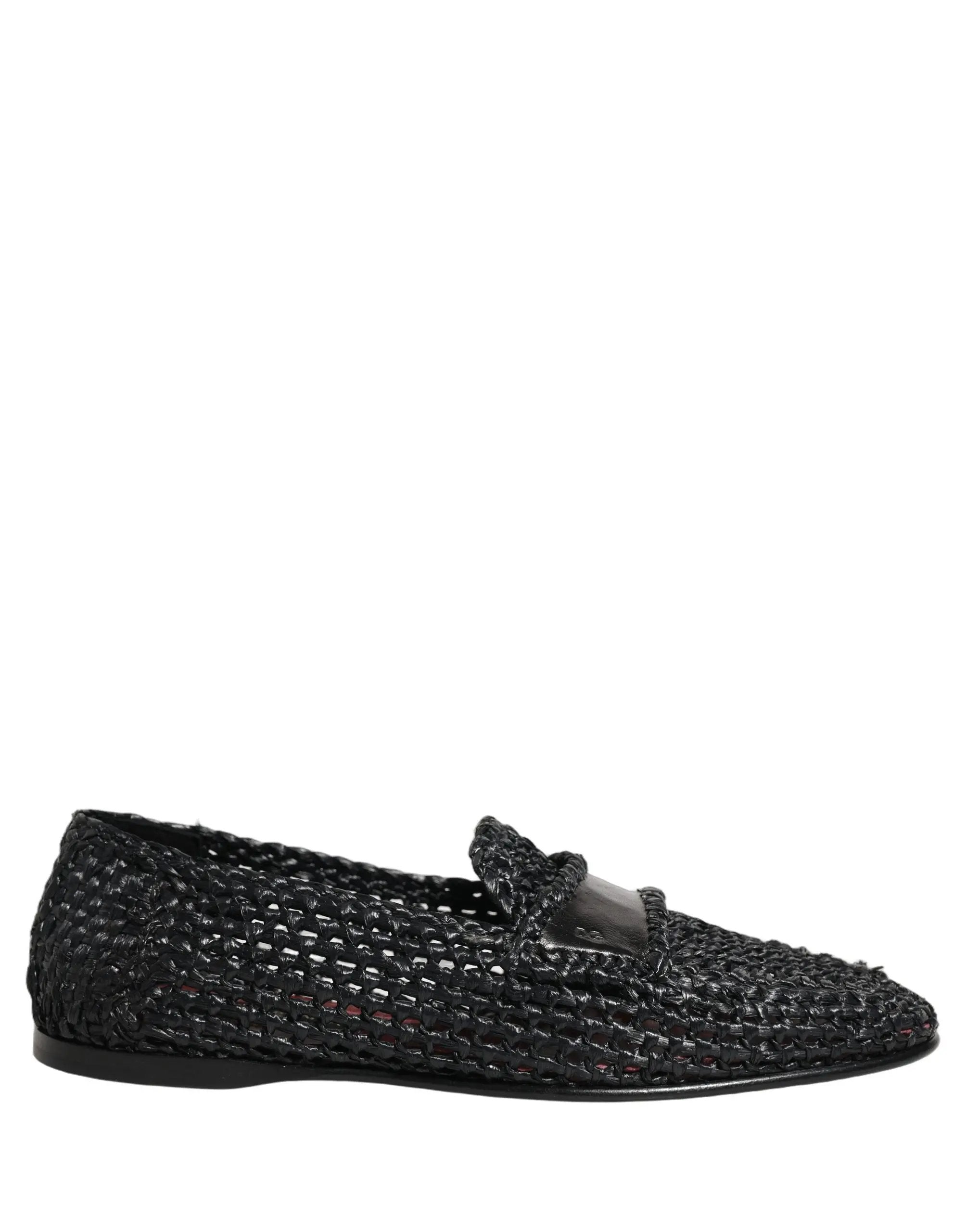 Dolce & Gabbana Black Woven Raffia Slip On Loafers Shoes