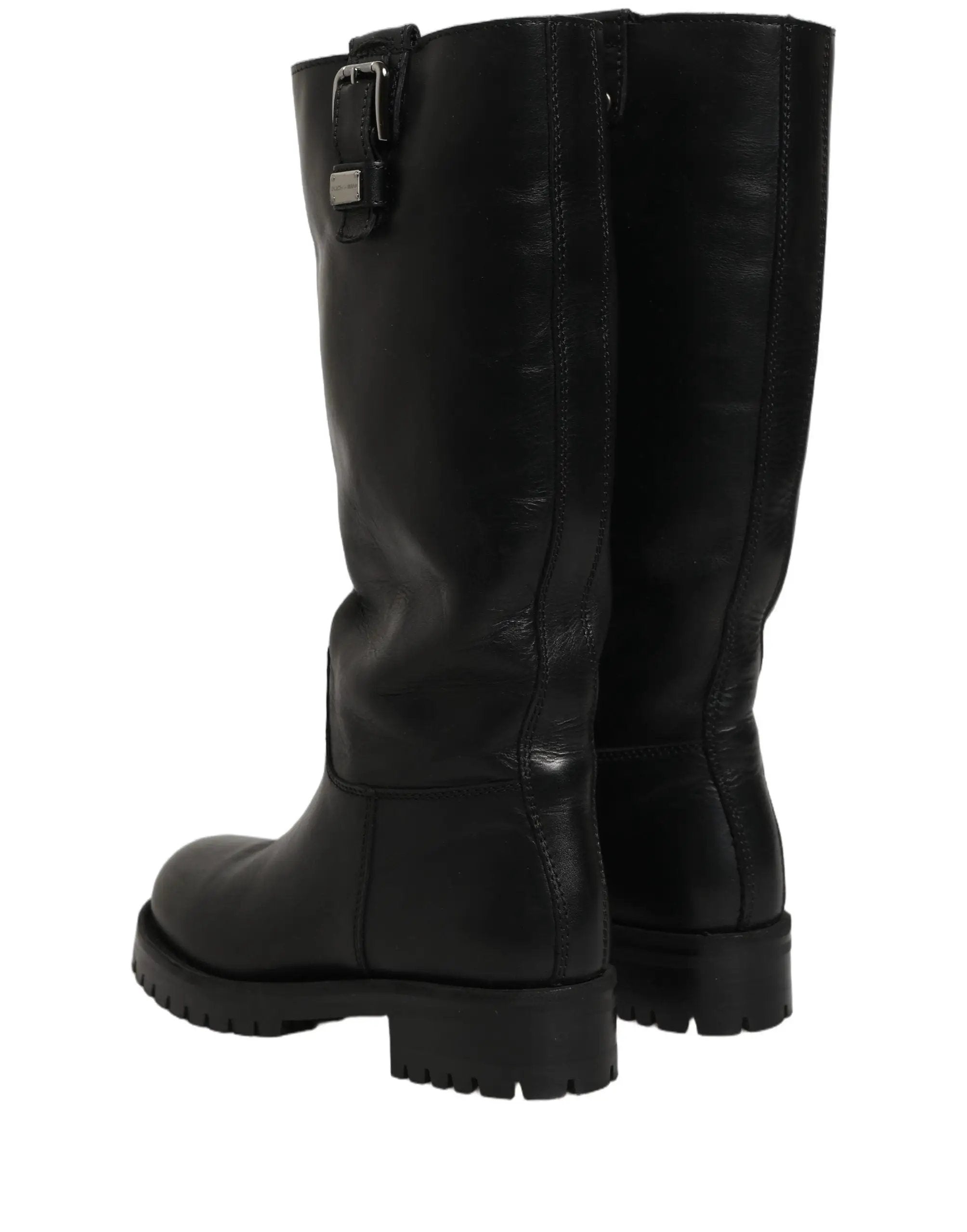 Dolce & Gabbana Black Leather Buckle Detail Mid Calf Boots Shoes