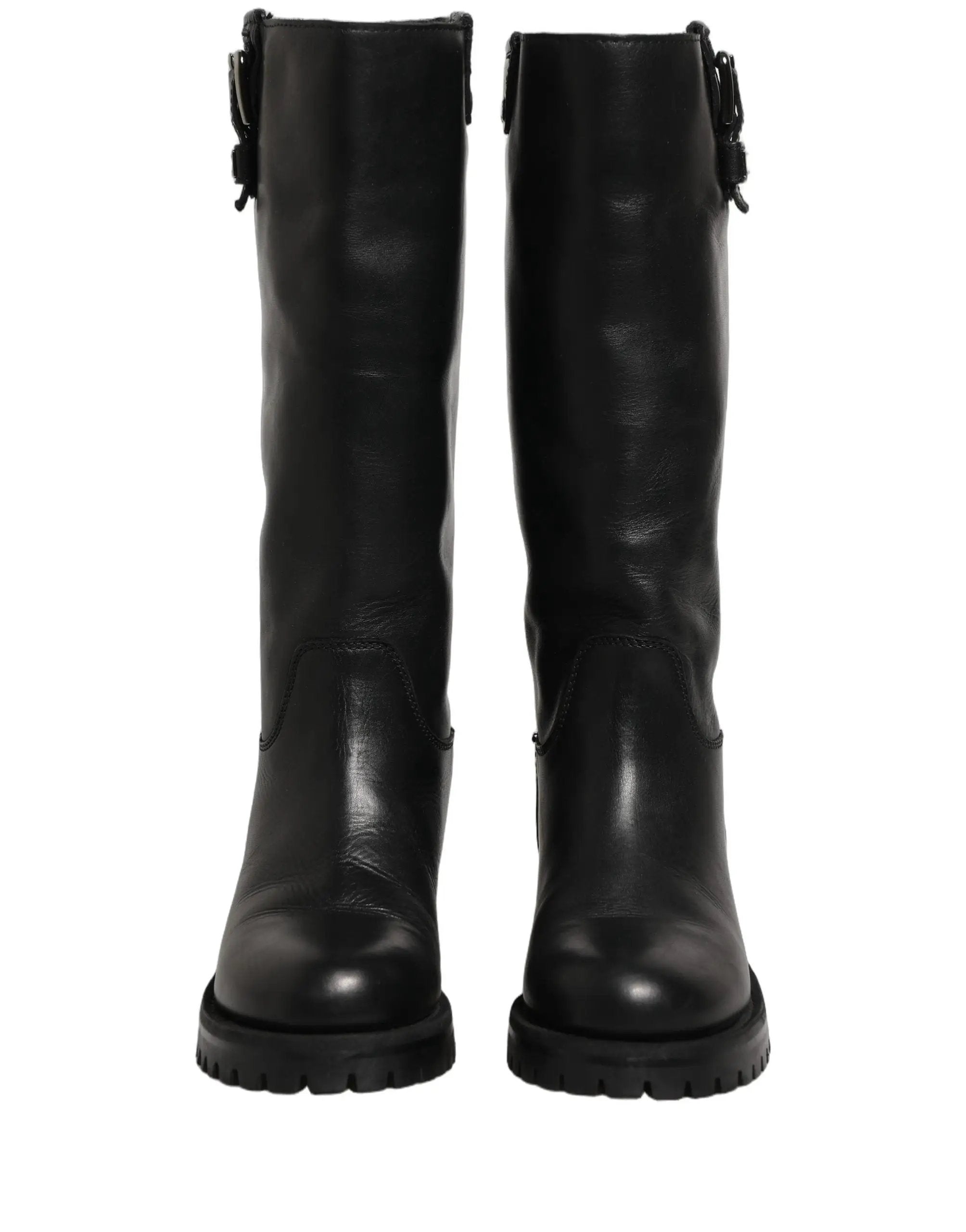 Dolce & Gabbana Black Leather Buckle Detail Mid Calf Boots Shoes