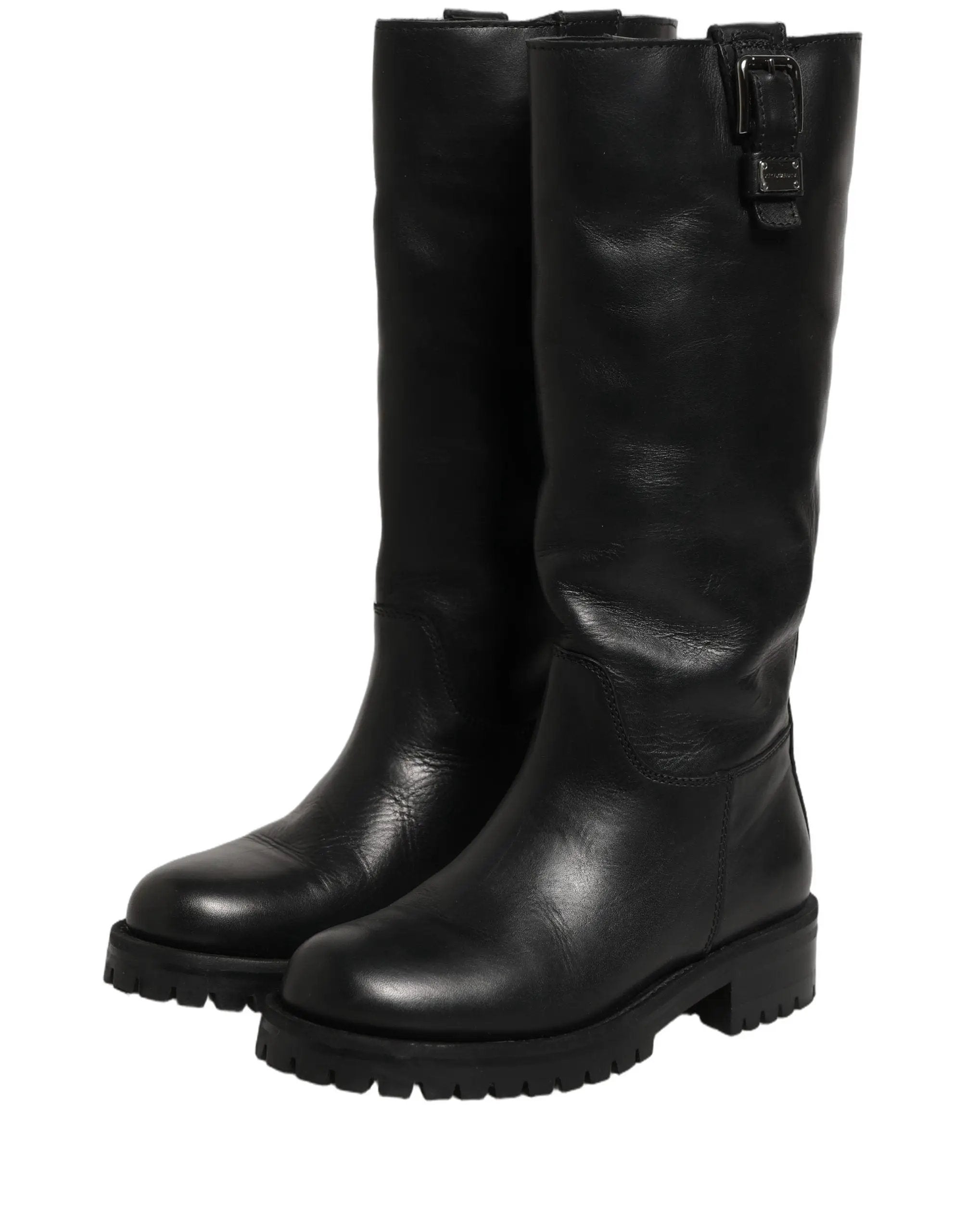 Dolce & Gabbana Black Leather Buckle Detail Mid Calf Boots Shoes
