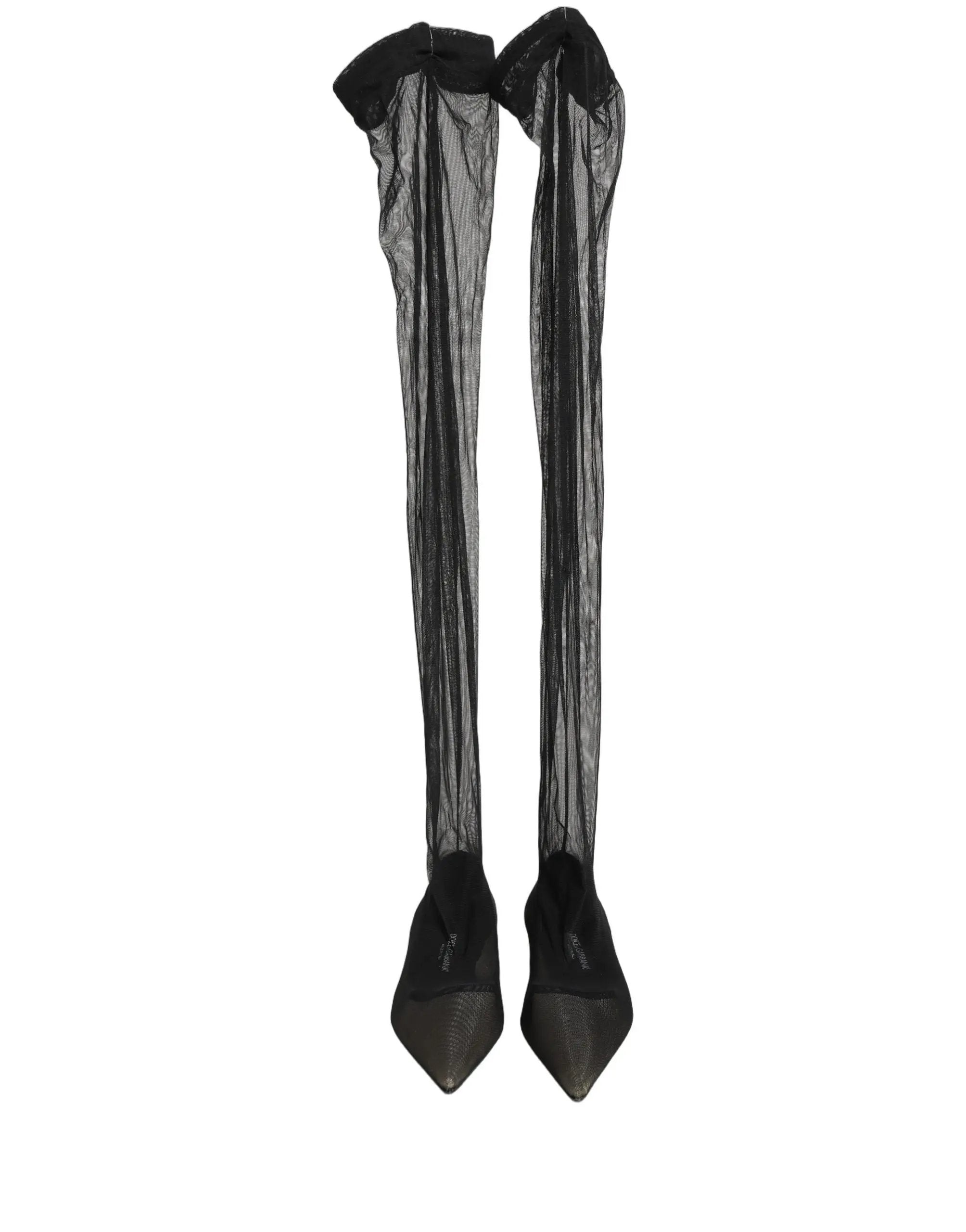 Dolce & Gabbana Black Over The Knee Tulle Flats Boots Shoes