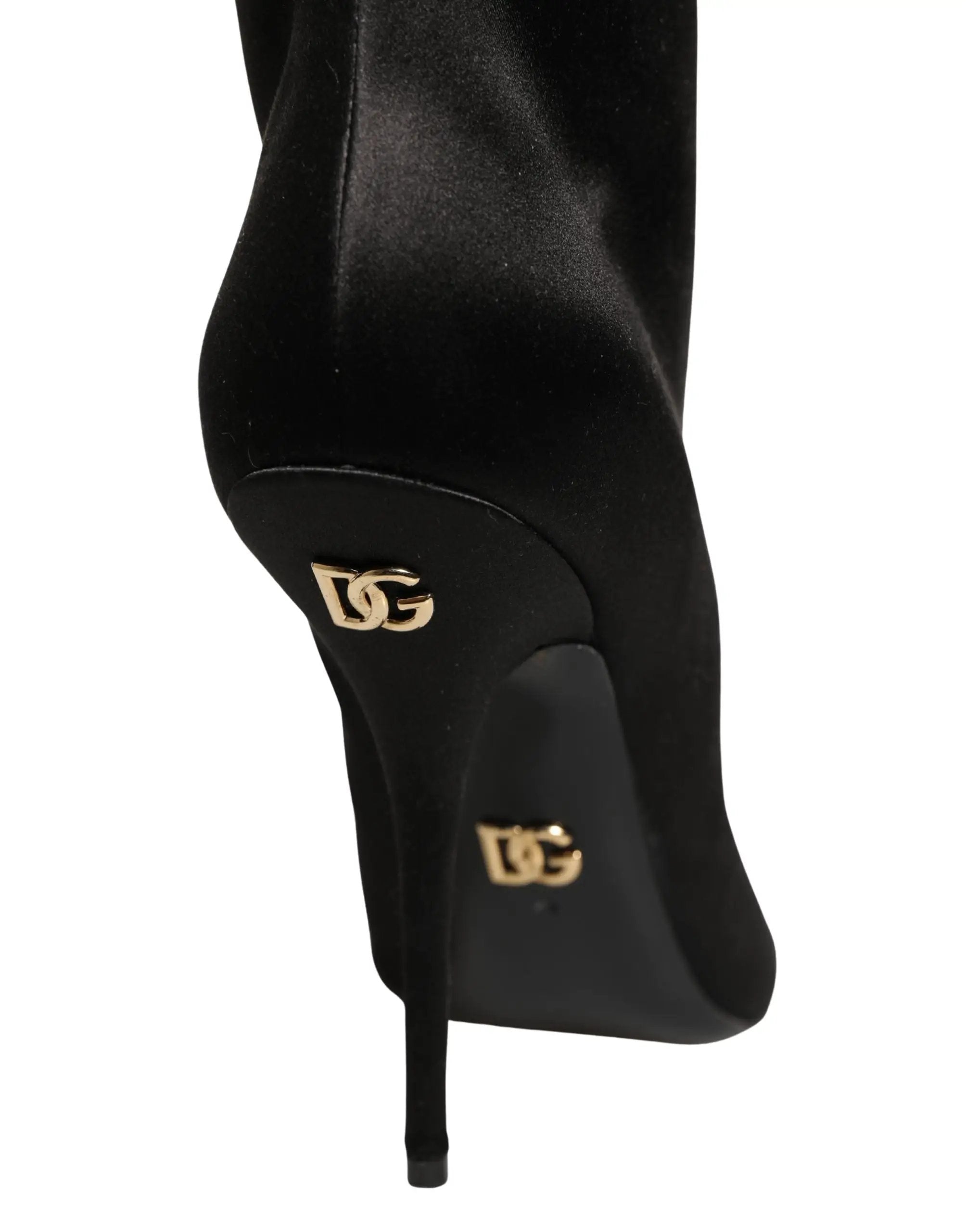 Dolce & Gabbana Black Satin Knee High Stiletto Boots Shoes
