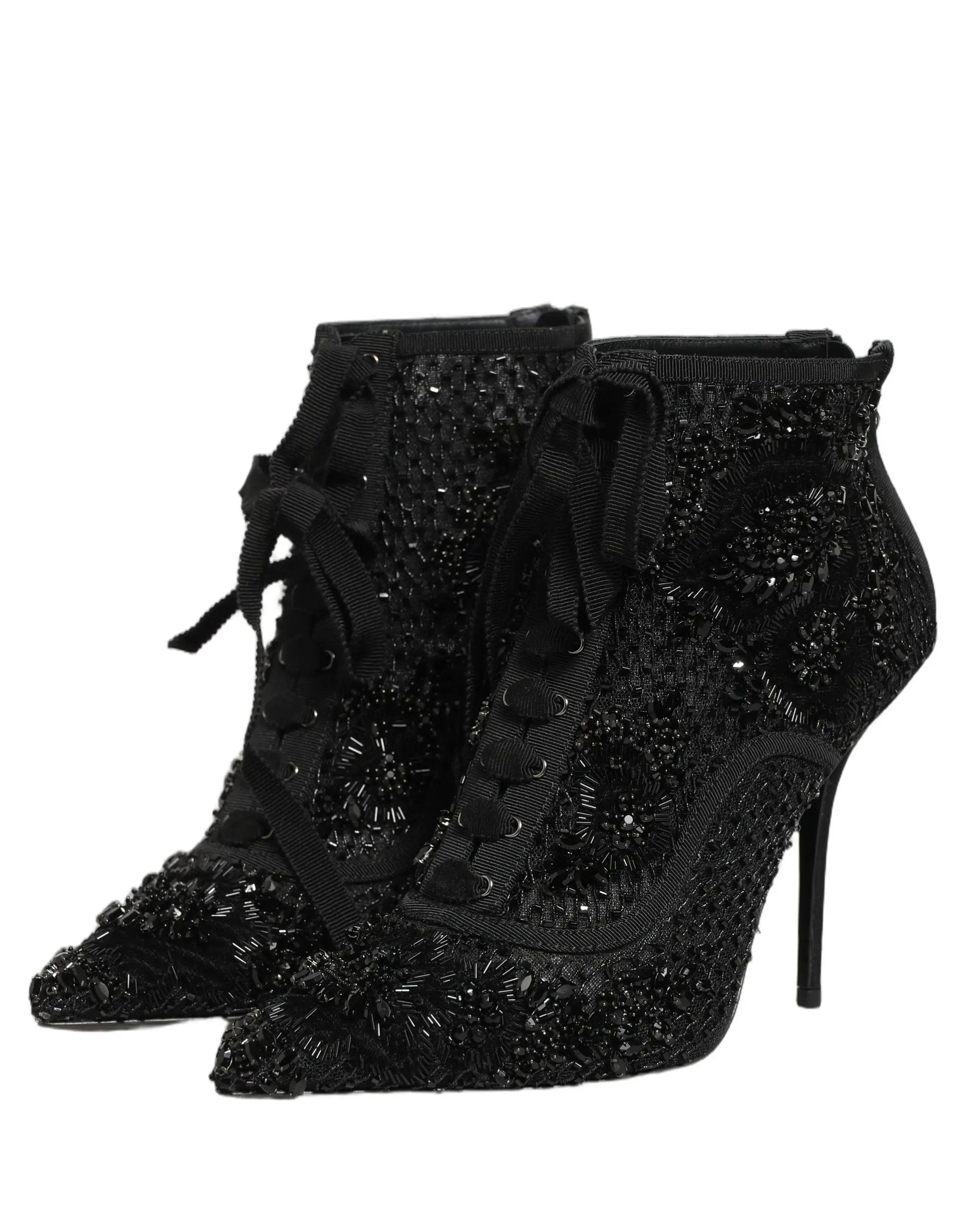 Dolce & Gabbana Black Embellished Mesh Ankle Boots Shoes
