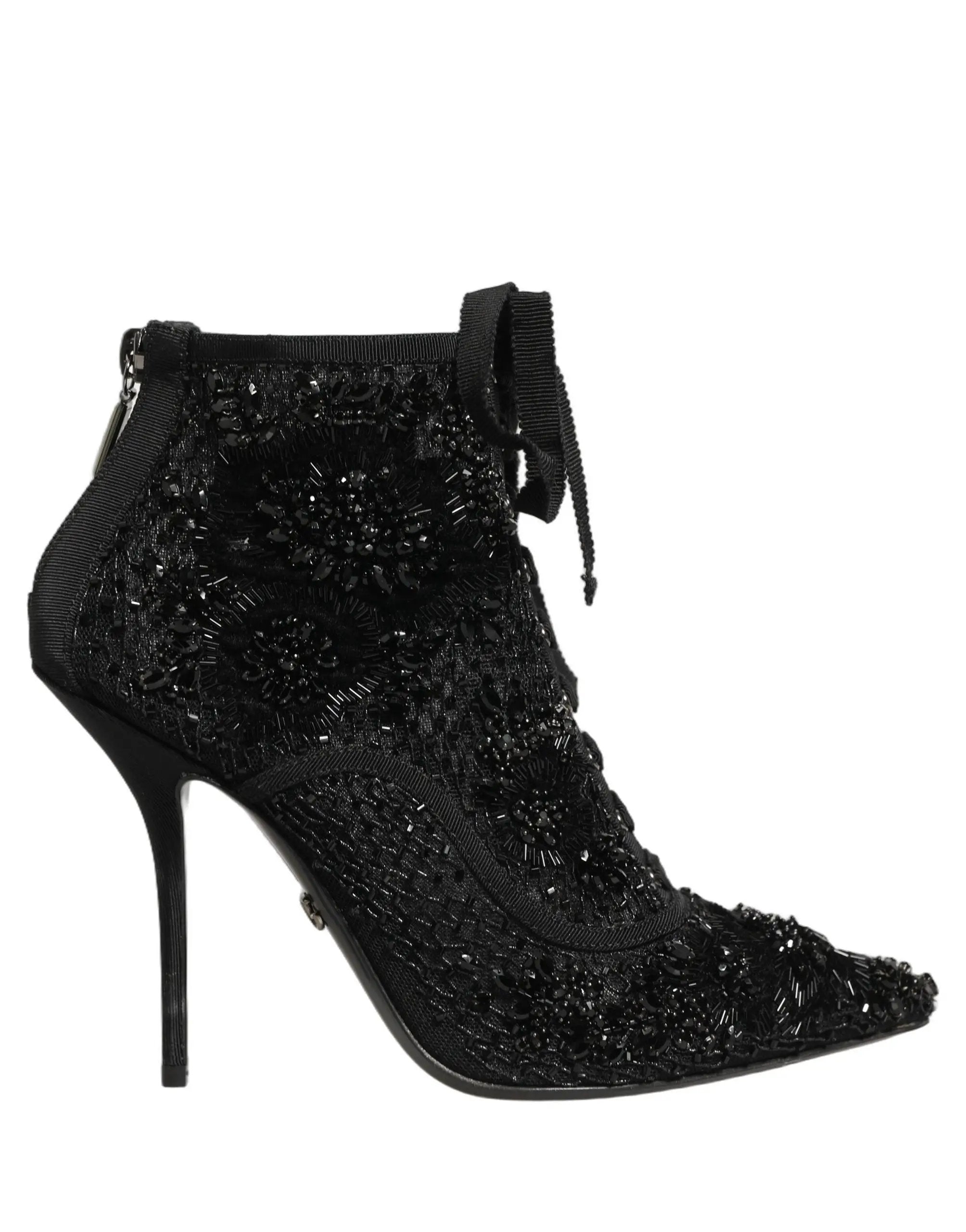 Dolce & Gabbana Black Embellished Mesh Ankle Boots Shoes