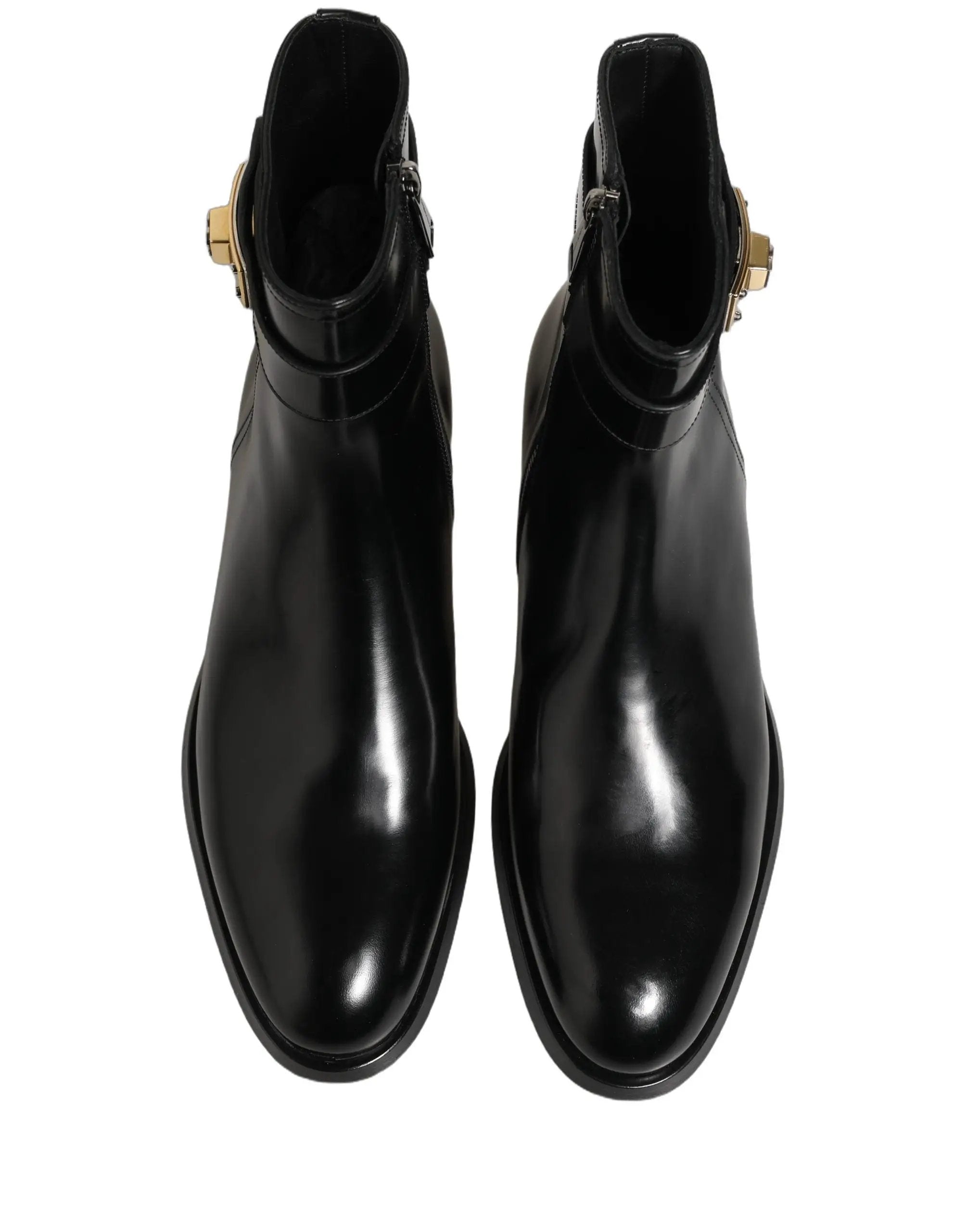 Dolce & Gabbana Black Leather Logo Buckle Mid Calf Boots Shoes