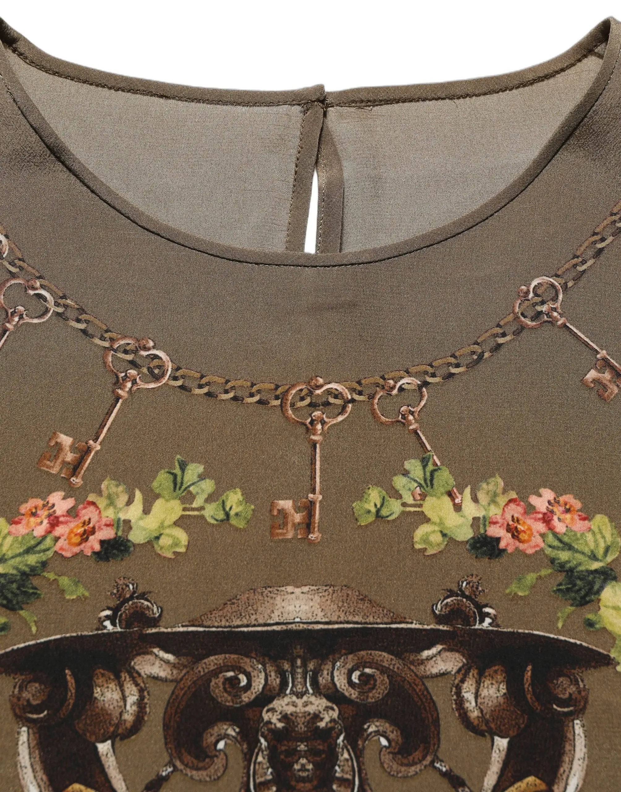 Dolce & Gabbana Brown Keys Roses Printed Silk Blouse Top